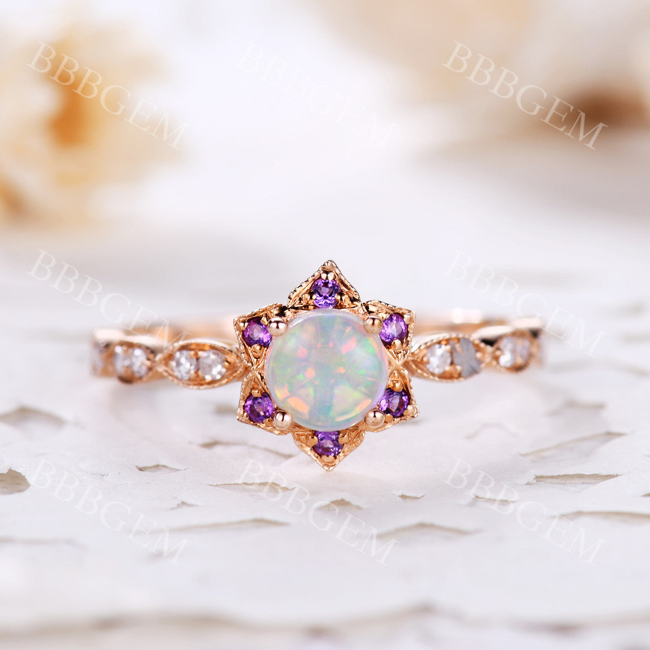 0.5 Carat Round Cut Opal & Amethyst Halo Engagement Ring in Rose Gold - Elegant Dainty Jewelry for Wedding, Proposal & Anniversary Gifts