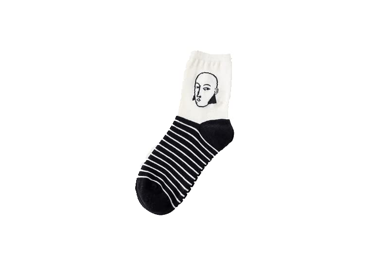 Funny Cartoon Cotton Socks for Women - Cute Harajuku Style Long Letter Print Thick Winter Socks in White & Black Stripes (1 Pair) - Perfect for Christmas Gifts, Office Wear & Casual Outfits
