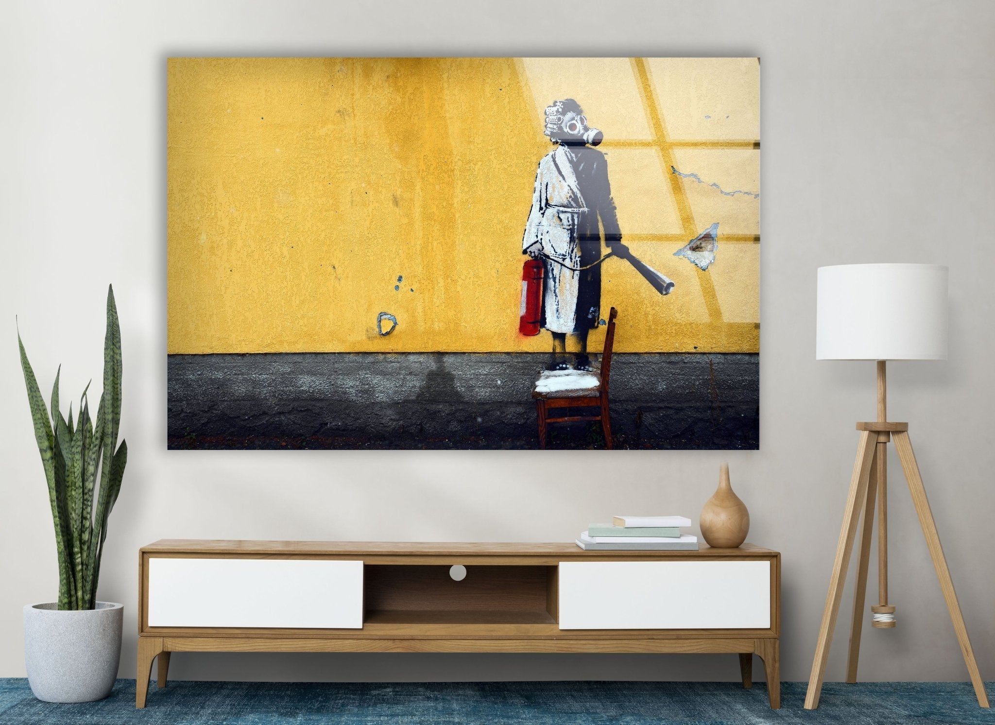 Banksy Woman with Gas Mask Glass Wall Art - Modern Home Decor, Office & Living Room Wall Sticker - Unique Urban Street Art Print for Contemporary Spaces