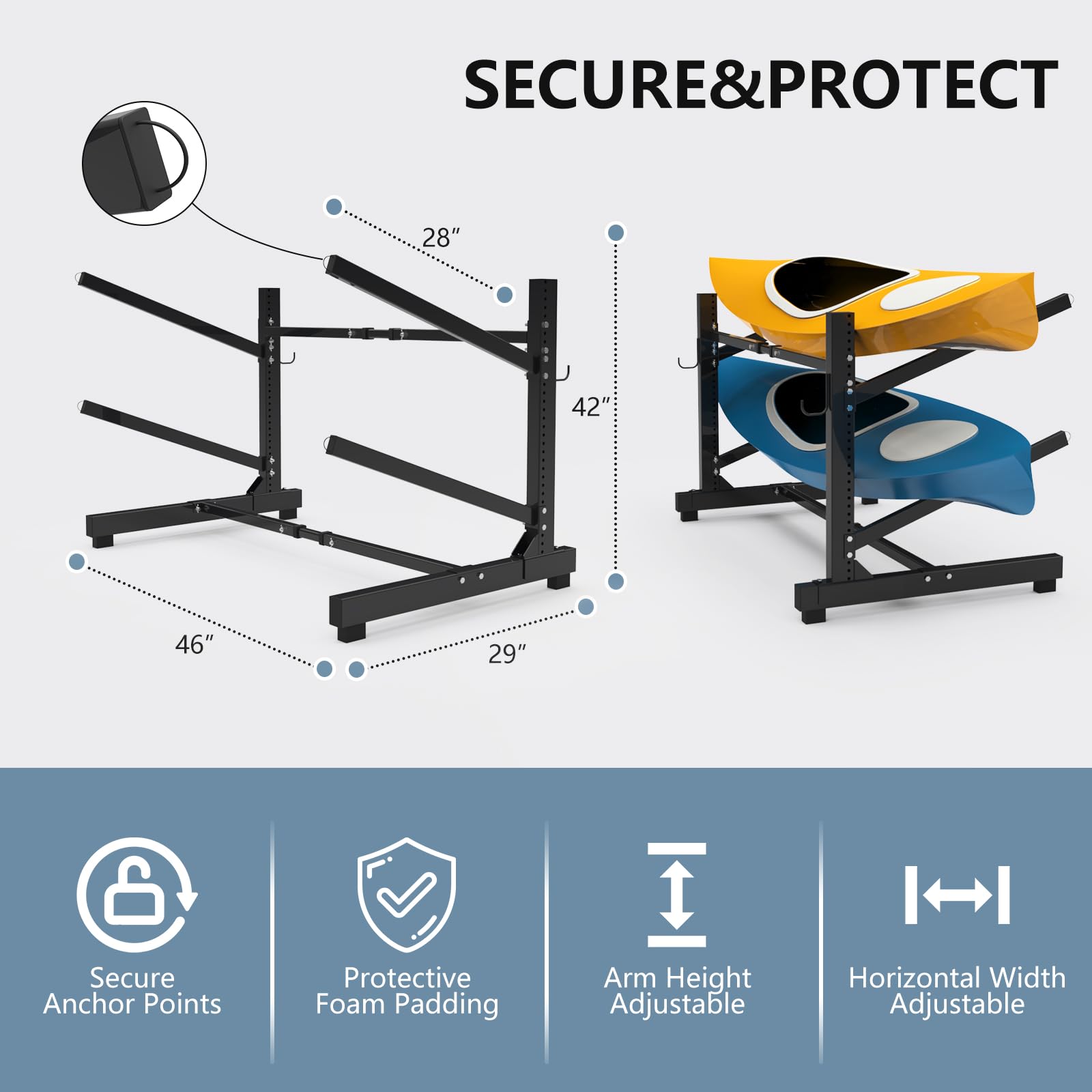 Heavy Duty Adjustable Freestanding Kayak and Canoe Storage Rack - One-Sided SUP Stand for Indoor, Garage, Shed & Dock - Weatherproof Outdoor Kayak Holder for Easy Organization & Space Saving