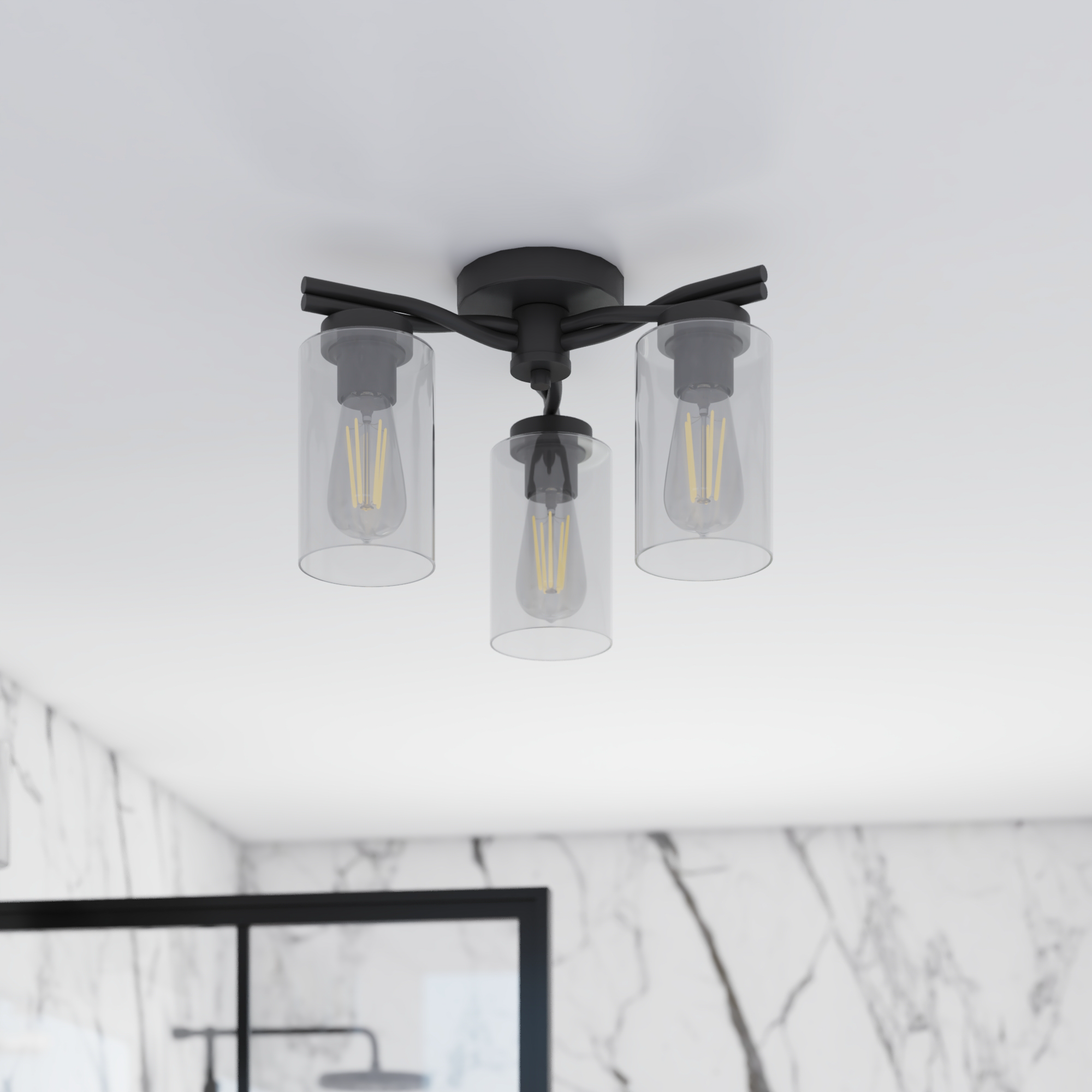 3-Light Semi Flush Mount Ceiling Light Fixture - Matte Black with Clear Glass Shades - Perfect for Bedroom, Living Room, Kitchen, and Hallway Lighting