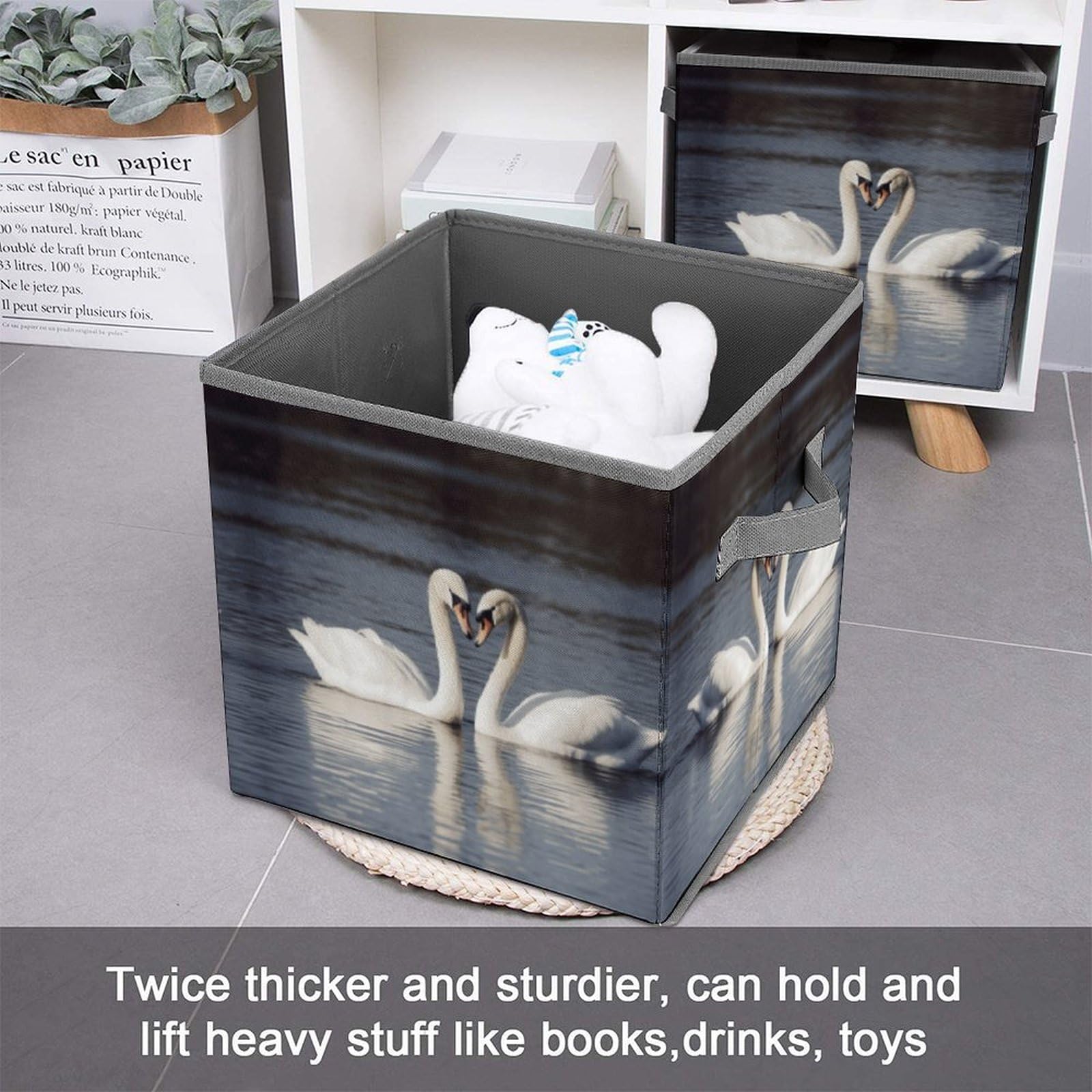 Foldable White Swan Storage Bins with Handles - Clothes Organizer for Cabinet, Shelf & Closet - Perfect for Bedroom, Nursery & Dorm Organization