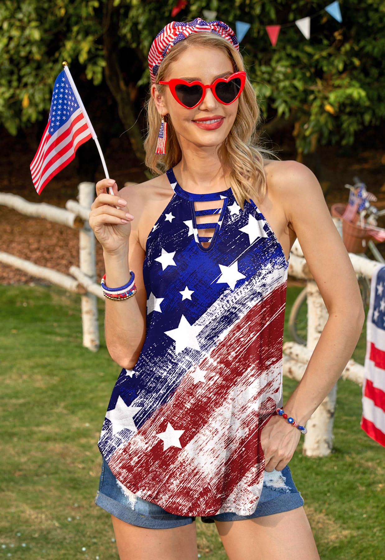 Maisolly Women's 4th of July USA Flag Keyhole Tank Top - Patriotic Independence Day Outfit for BBQ, Beach & Summer Festivals