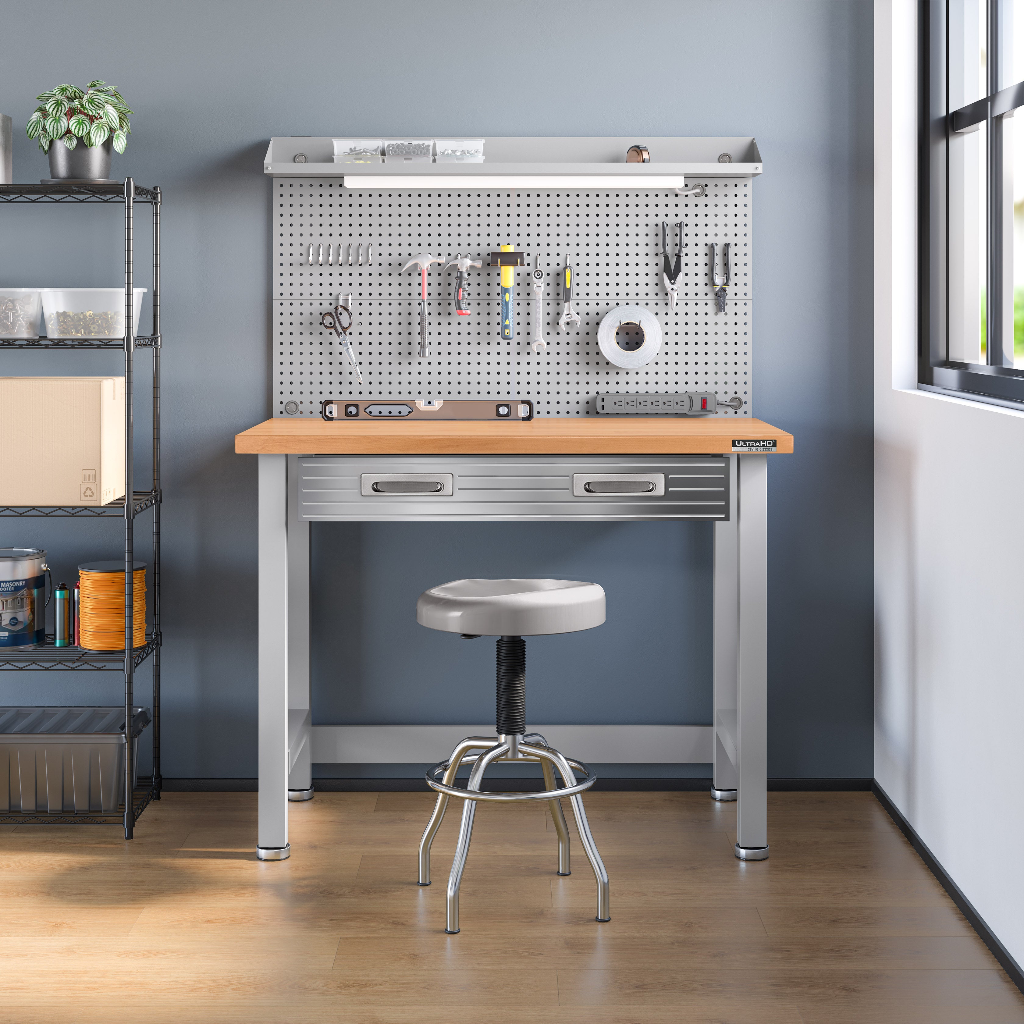 UltraHD® Lighted Workbench with Wooden Top & Pegboard - Perfect for DIY Projects, Home Workshops, and Garage Organization