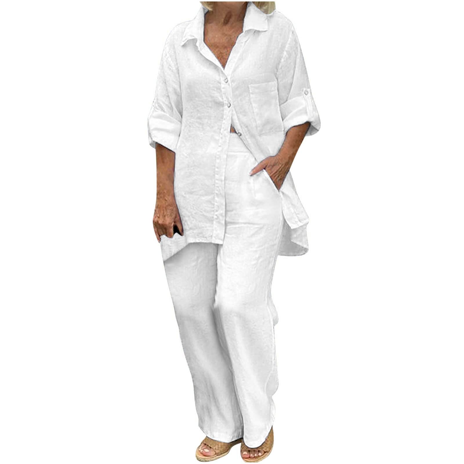 Women's Summer Cotton Linen 2-Piece Outfit - Long Sleeve T-Shirt Top & Pants Set for Casual & Business Wear | Office Work Suits, Vacation Outfits