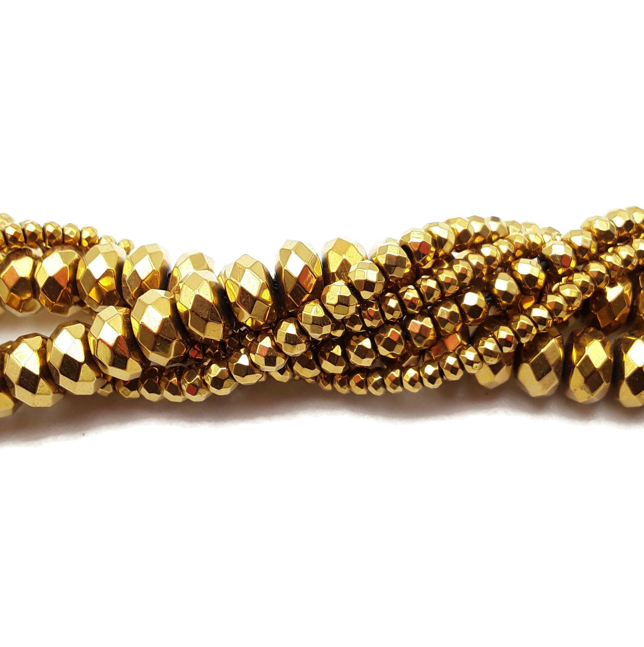 Premium Gold Hematite Faceted Rondelle Beads - 2x3mm, 3x4mm, 4x6mm, 5x8mm Sizes - 15.5 Inch Strand for Jewelry Making, DIY Bracelets, Necklaces & Craft Projects