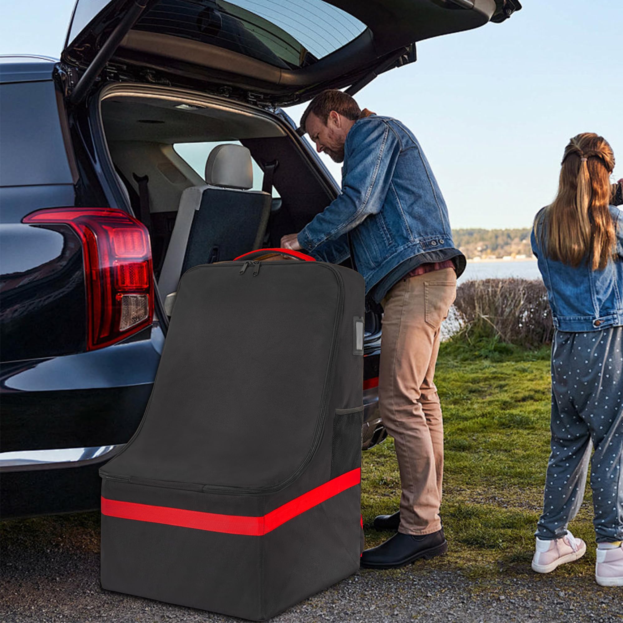 Heavy Duty Car Seat Travel Bag for Airplane Gate Check - Black & Red Car Seat Backpack with Adjustable Shoulder Strap | Perfect for Air Travel, Road Trips & Baby Gear Storage