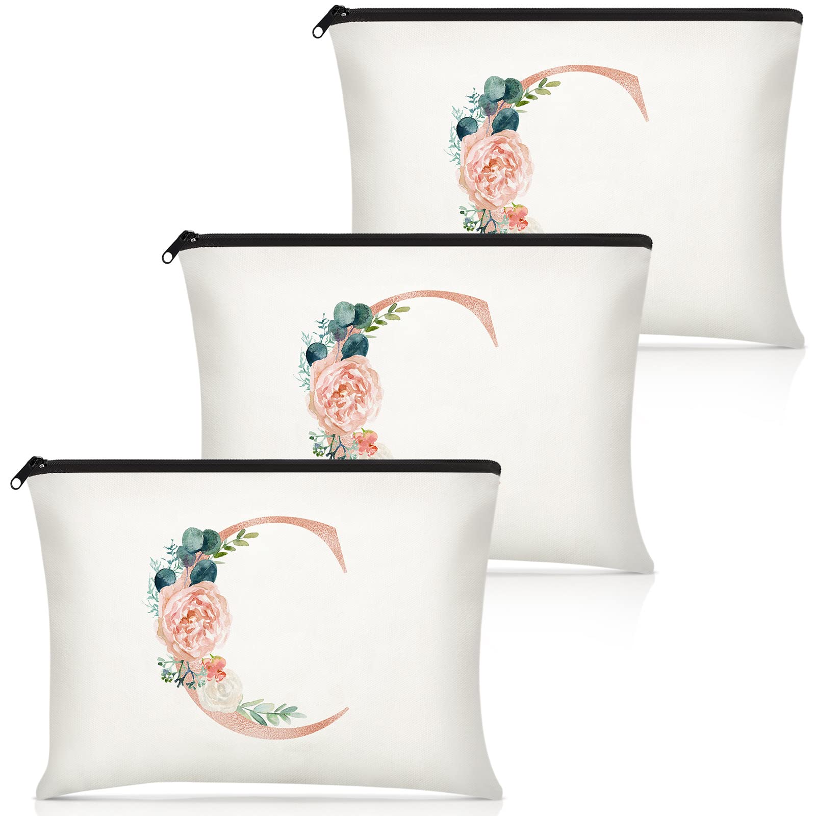 3-Piece Floral Monogram Makeup Bag Set - Personalized Cosmetic Pouch for Women, Wedding Bridal Shower, Teacher Birthday & Mother's Day Gift - 9x6 Inch Canvas Travel Organizer (C Style) - Perfect for Bridal Parties, Travel & Daily Beauty Essentials