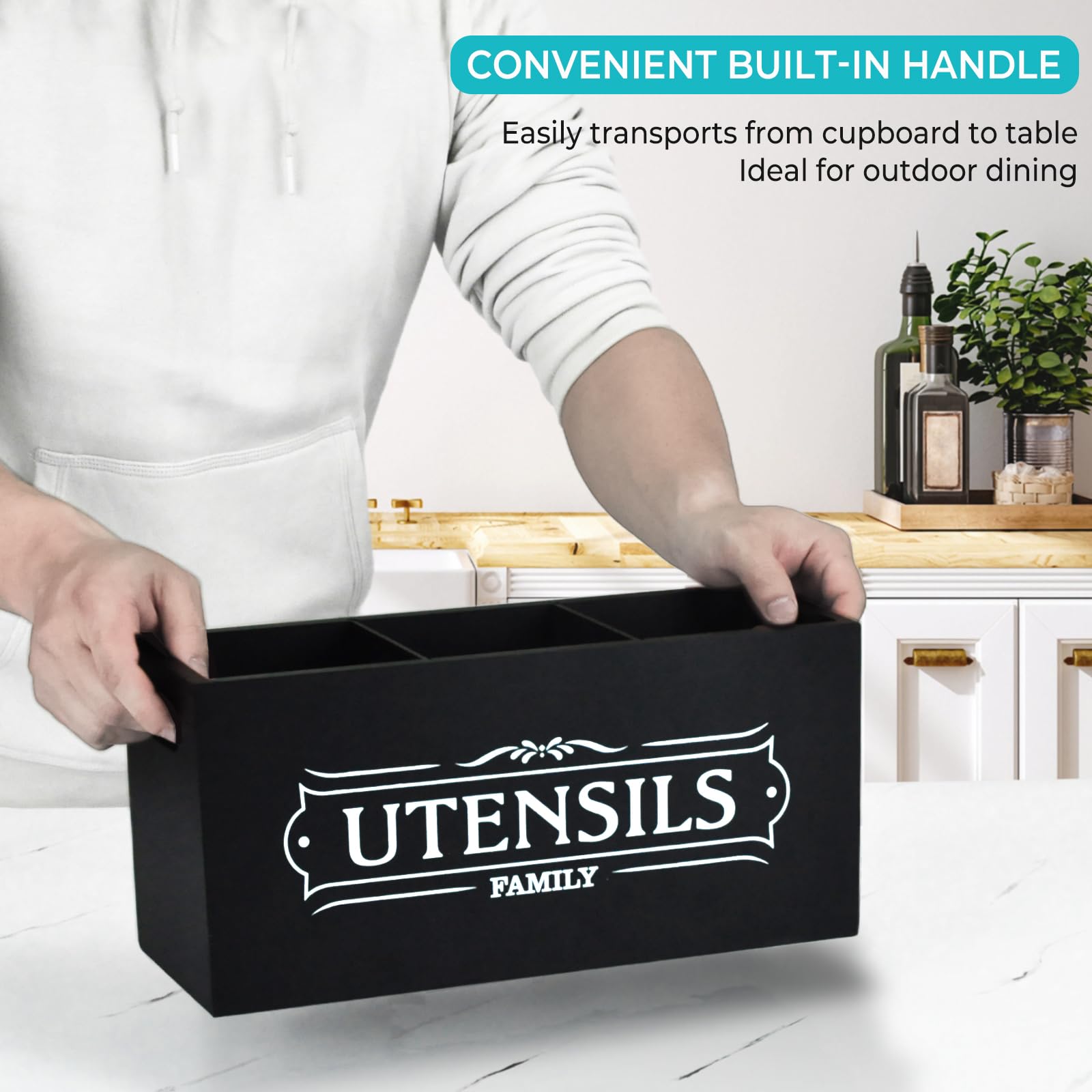 Wooden Countertop Utensil Holder - Large Farmhouse Kitchen Organizer for Cooking & Party Utensils | Durable Black Counter Decor for Spoons, Spatulas & Kitchen Tools