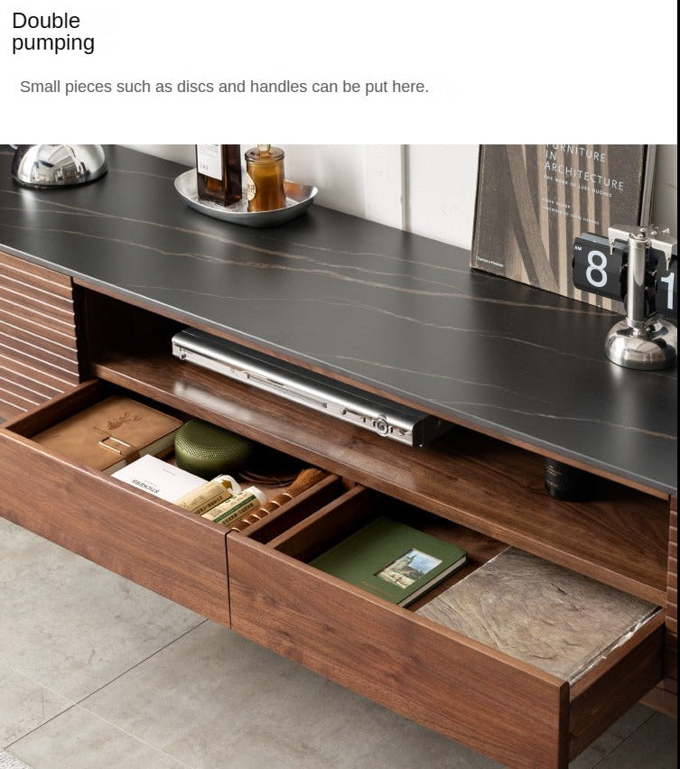 Black Walnut Solid Wood TV Stand with Slate Top - Rustic Modern Entertainment Center for Living Room, Bedroom & Home Theater