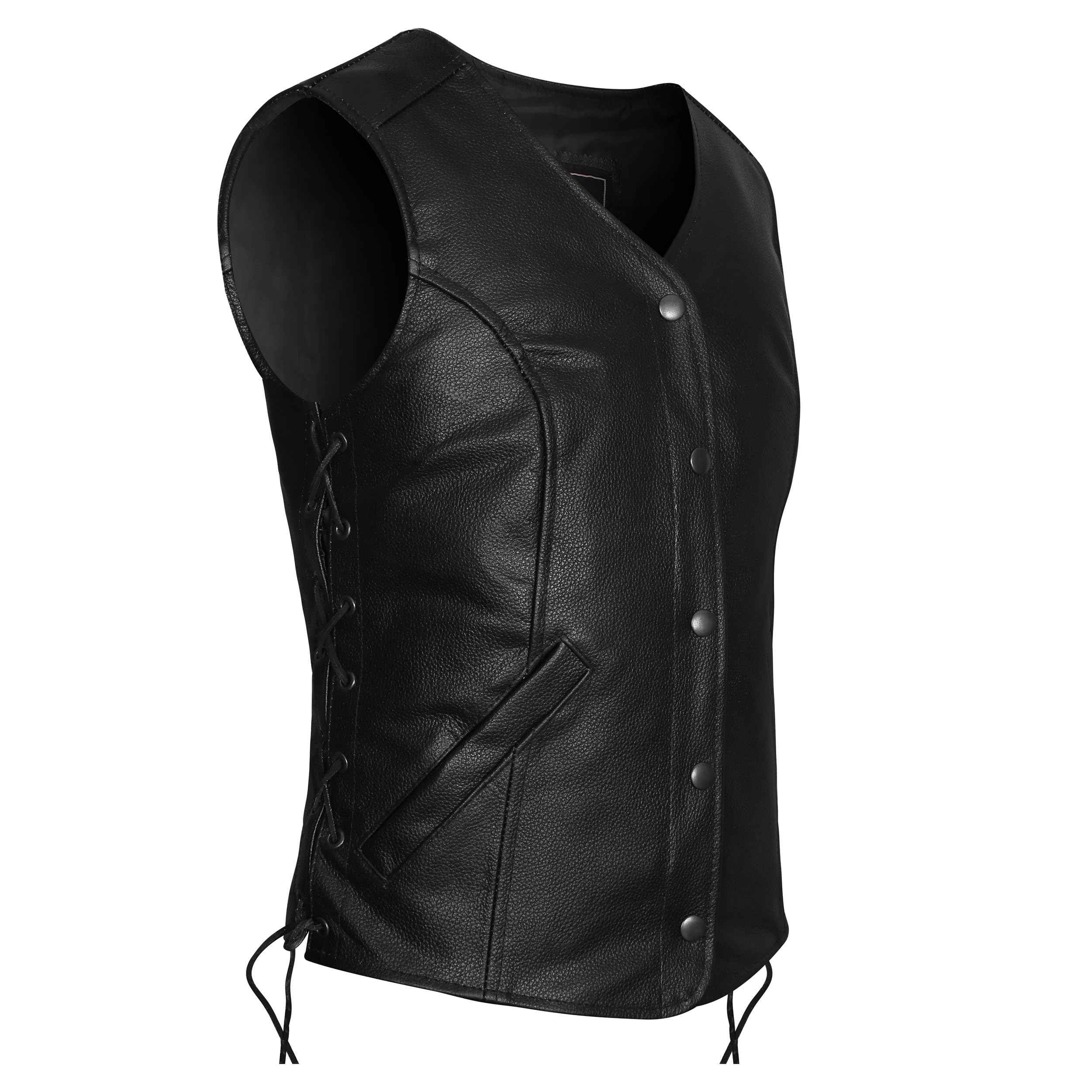 Vance VL1048S Women's Black Leather Motorcycle Vest - 5 Snap Closure, Side Laces & Conceal Carry Pocket | Biker Jacket for Riding, Harley Davidson Outfits & Casual Wear