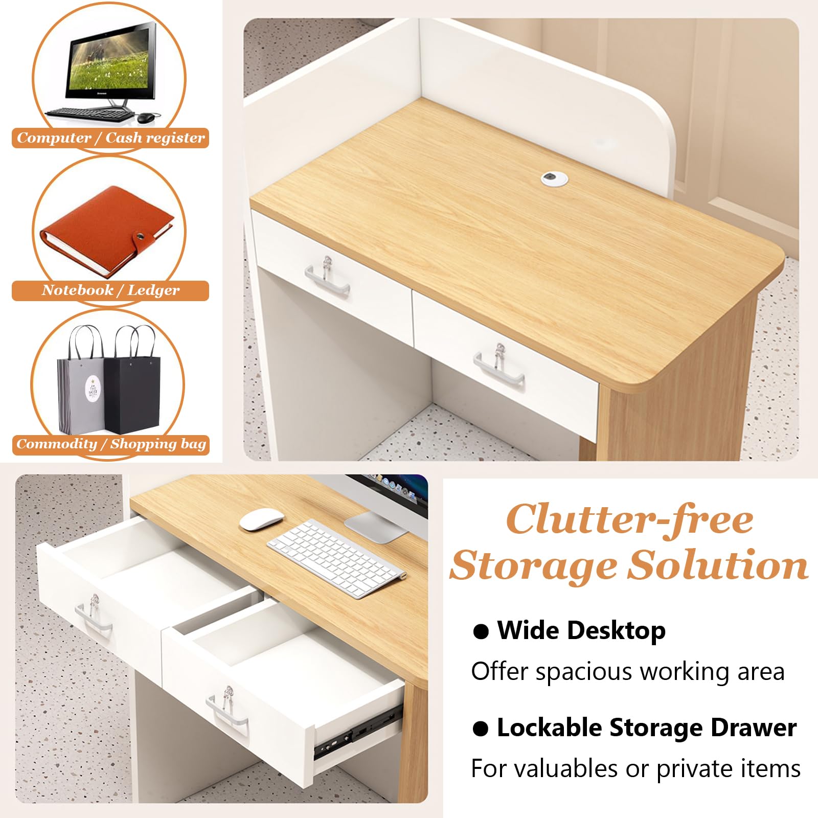Modern White Reception Desk with Lockable Drawer - Front Counter for Salon, Beauty Shop & Supermarket Checkout | Perfect for Retail Stores, Office Lobbies & Customer Service Areas