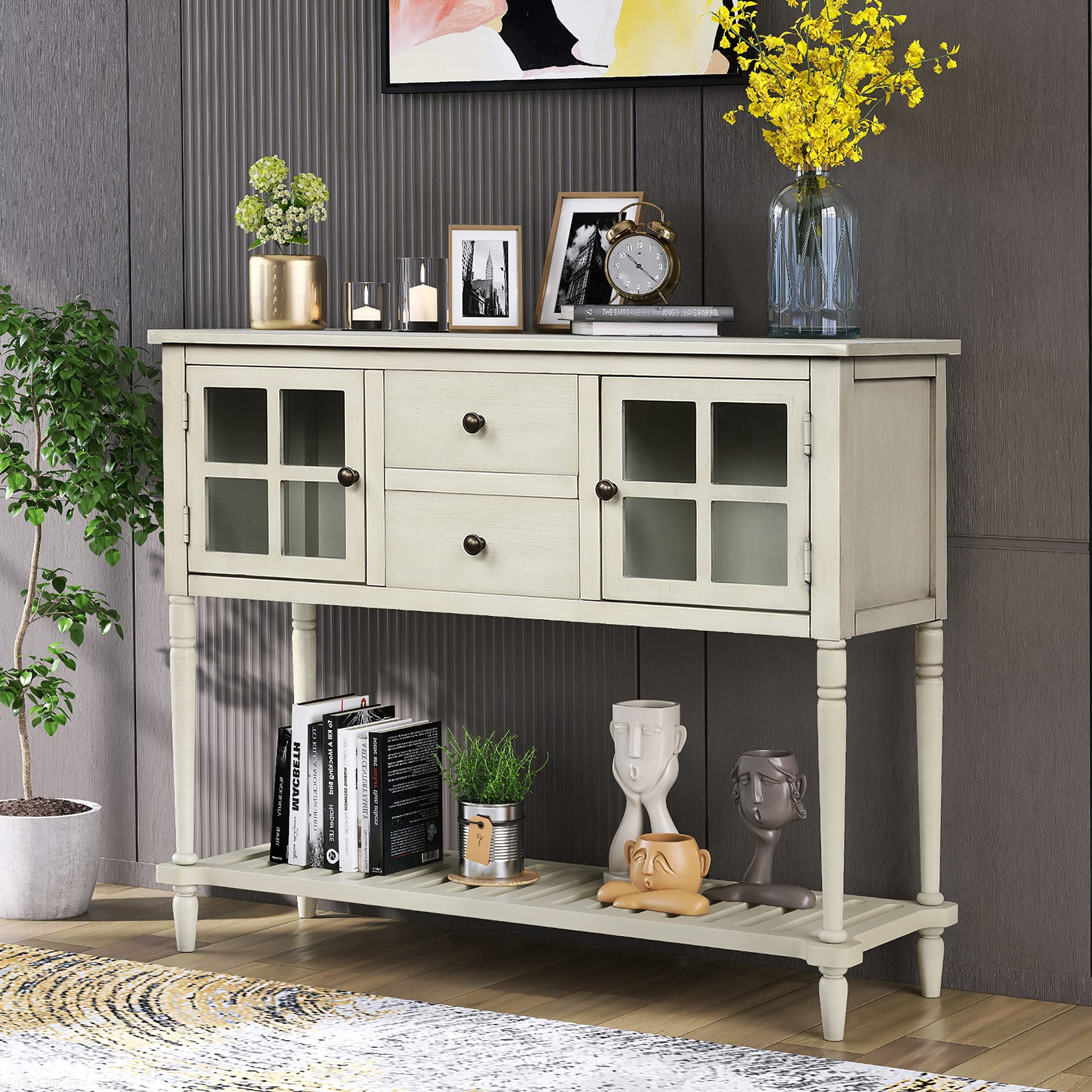 Antique Grey Wooden Buffet Sideboard with 2 Drawers, 2 Cabinets & Bottom Shelf - Storage Console Table for Living Room, Entryway & Dining Room - Perfect for Home Organization & Display Decor