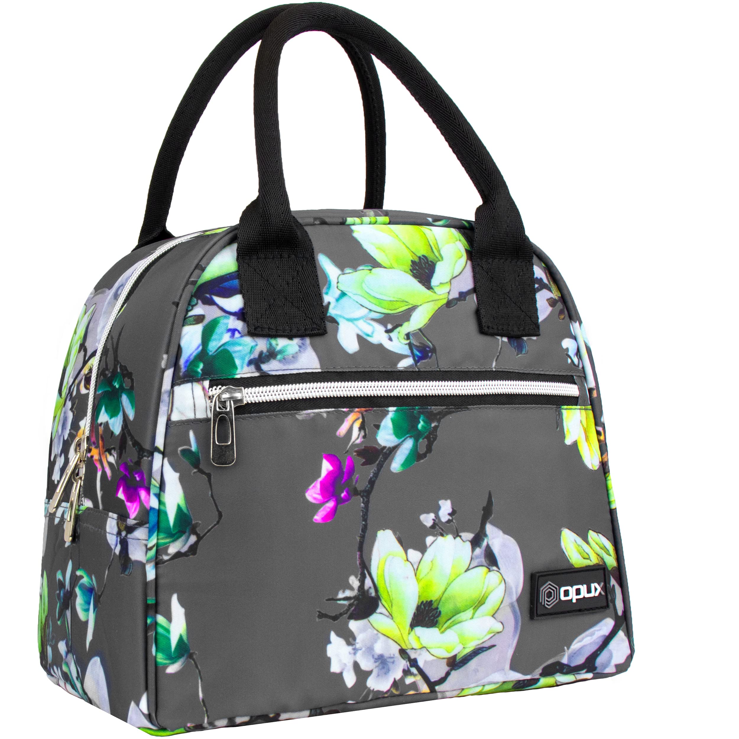 Opux Insulated Lunch Box for Women & Girls - Cute Soft Thermal Lunch Bag for Kids, Teens & Adults - Reusable Food Cooler Container for Work, School, Meal Prep - Travel & Beach Lunch Pail Organizer in Floral Gray