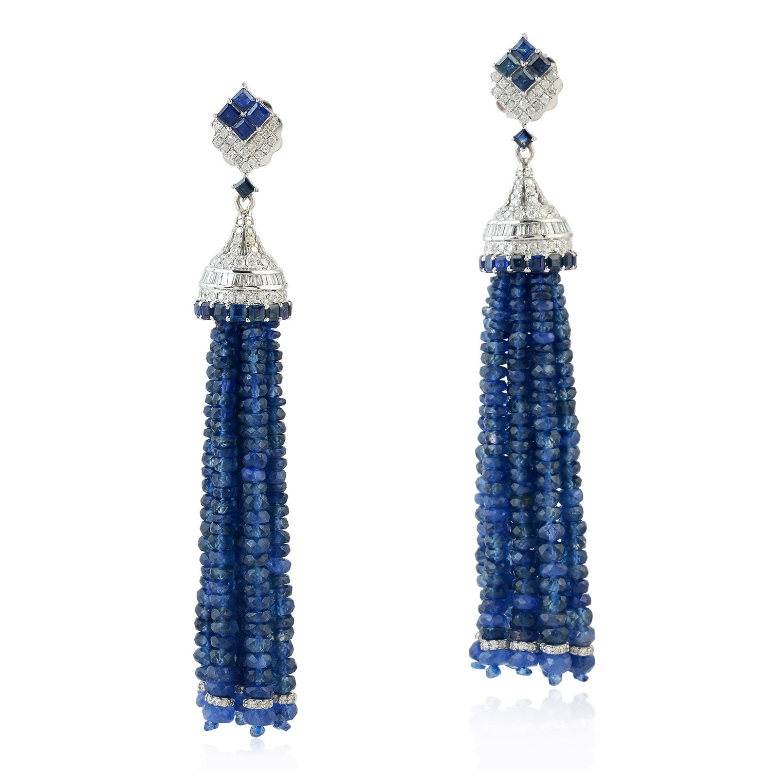 18K White Gold Blue Sapphire and Diamond Tassel Earrings - Elegant Beaded Channel Baguette Design for Weddings, Parties & Special Occasions