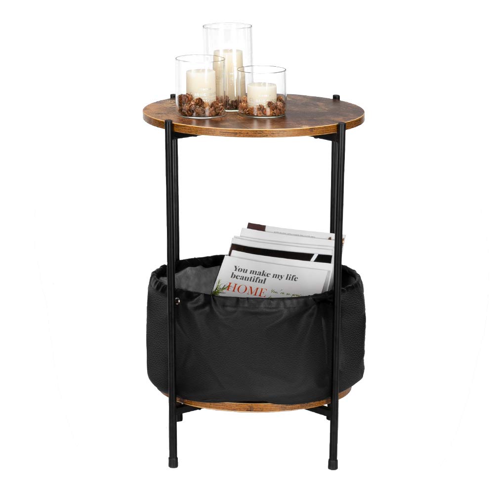 HODELY Round Wooden Side Table with 2-Tier PVC Waterproof Leather Tabletop & Wrought Iron Base - Perfect for Living Room, Bedroom, Office & Outdoor Use