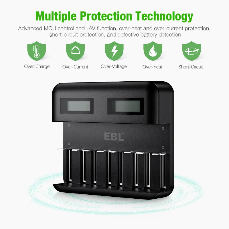 EBL C9008 LCD Battery Charger for C & D Rechargeable Batteries - Fast Charging, Smart Detection - Perfect for Flashlights, Toys, and Home Electronics