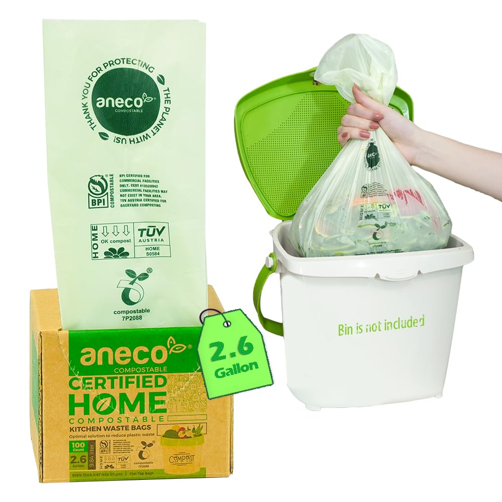 ANECO 100% Compostable Trash Bags 2.6 Gallon - Extra Thick Eco-Friendly Kitchen Compost Bags for Countertop Bin (100 Count) - Perfect for Food Scraps, Organic Waste & Sustainable Living