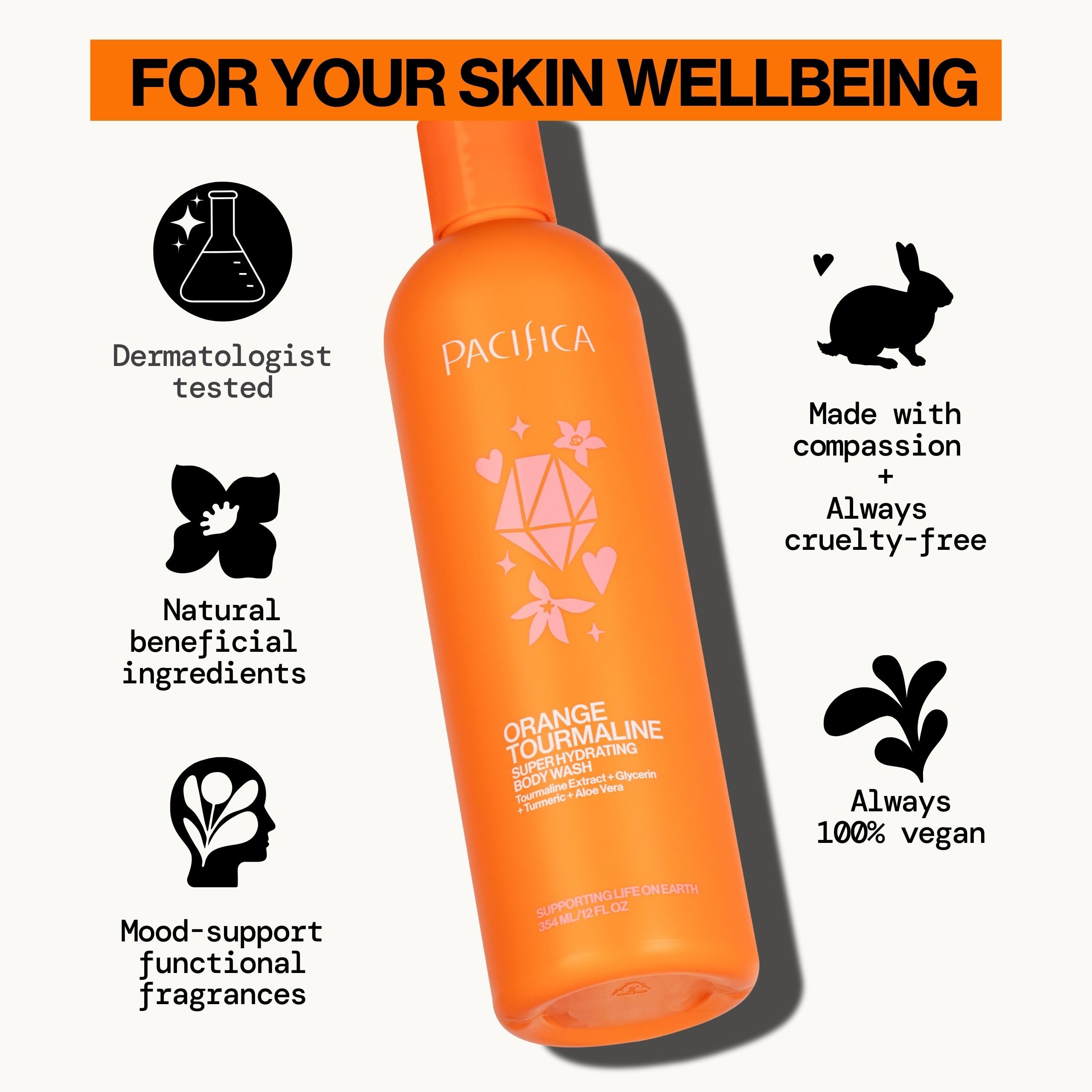 Pacifica Orange Tourmaline Super Hydrating Body Wash - Vegan & Cruelty-Free Shower Gel for Dry Skin - Dermatologist Tested Clean Beauty Bath Essential for Daily Moisturizing Routine