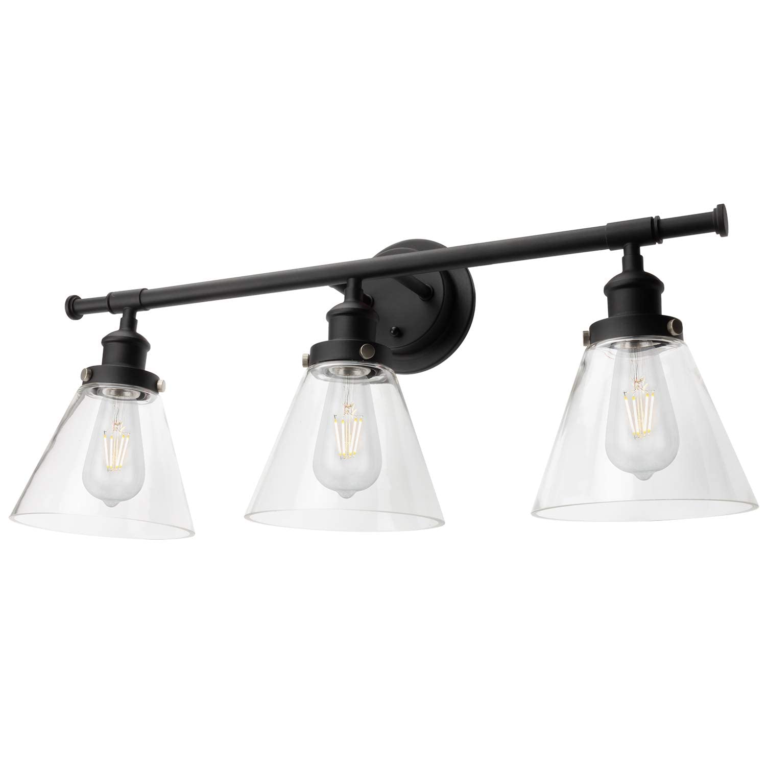 Farmhouse 3-Light Bathroom Vanity Light Fixture - Matte Black Rustic Industrial Wall Sconce with Clear Glass Shades - Vintage Style Wall Lamp for Bathroom, Bedroom, Dressing Room (24.8
