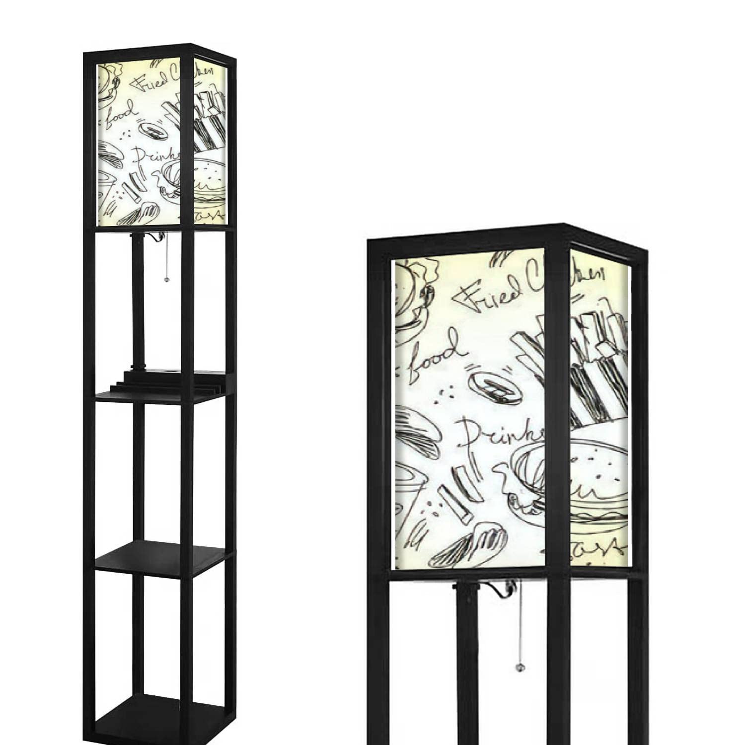 Modern Sketch Style Hand-Drawn Fast Food Floor Lamp with Shelves, USB Ports & Power Outlet - Linen Fabric Shade Tall Corner Standing Lamp for Living Room & Bedroom - Perfect for Fast Food Themed Decor, Gaming Rooms, and Retro Diner Style Spaces