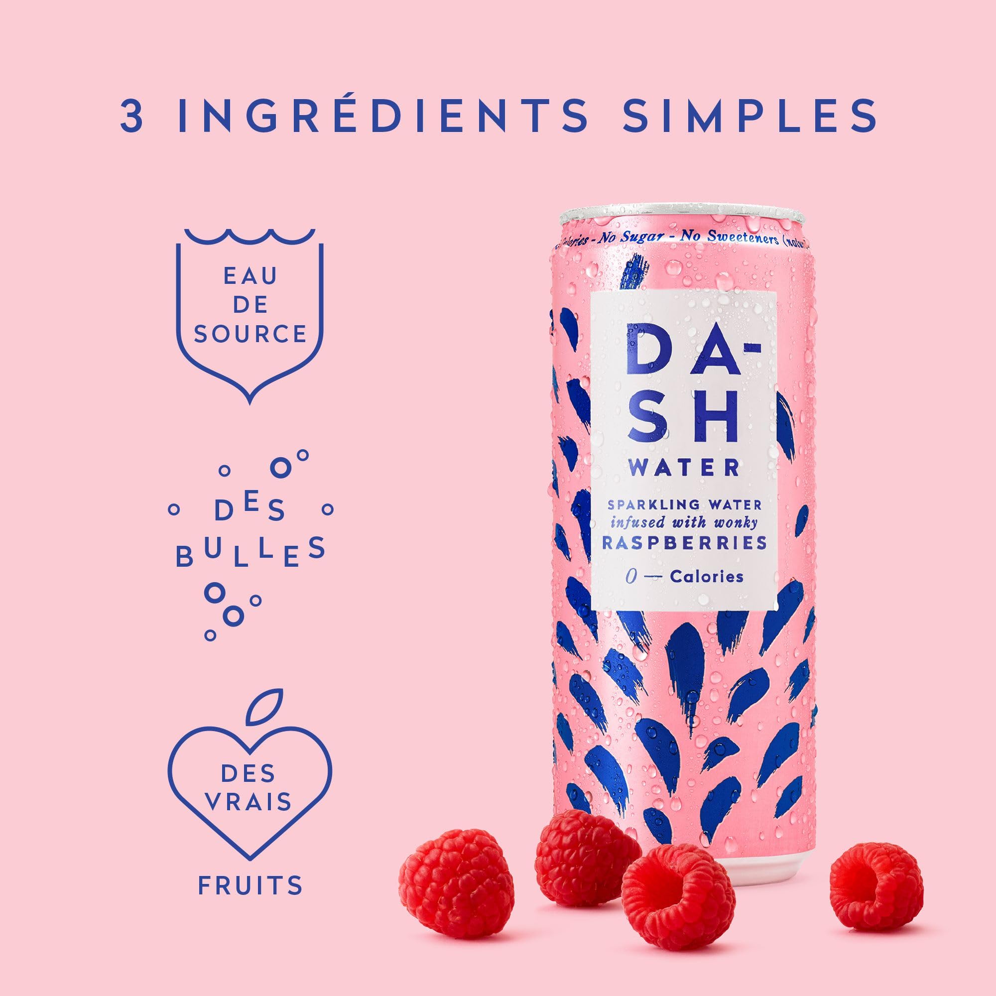 DASH 12x Eaux Pétillantes Aromatisées à la Framboise Sans Sucre, Sans Édulcorant, Sans Calories – Infusées avec des Fruits Rejetés (12x330ml) – Idéal pour une Hydratation Saine et Rafraîchissante au Bureau ou en Voyage