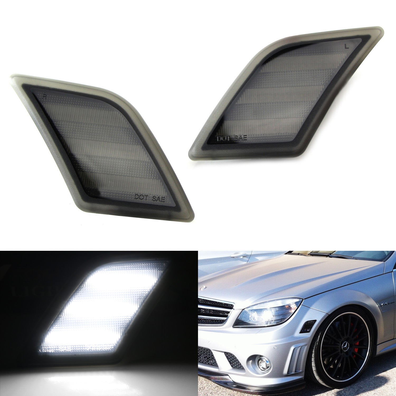 Euro Smoked Lens White LED Side Marker Lights for 2008-2011 Mercedes W204 C250 C300 - Upgrade Your Car's Style & Safety for Night Driving
