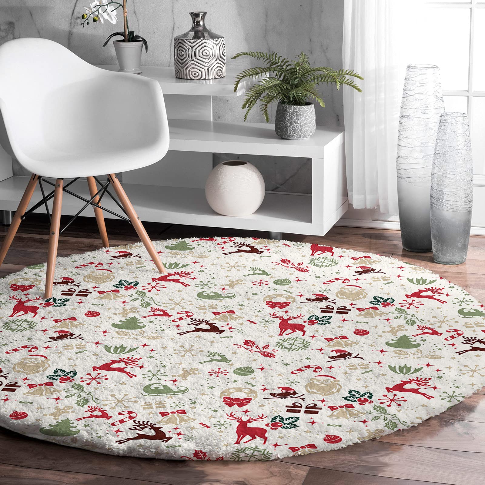Soft Plush Round Shag Area Rug - Christmas Theme with Santa Claus, Elks, Bells & Snowflakes Pattern - Fluffy Circle Carpet for Bedroom, Living Room, Nursery & Kids Room - Perfect for Holiday Decor & Cozy Home Atmosphere
