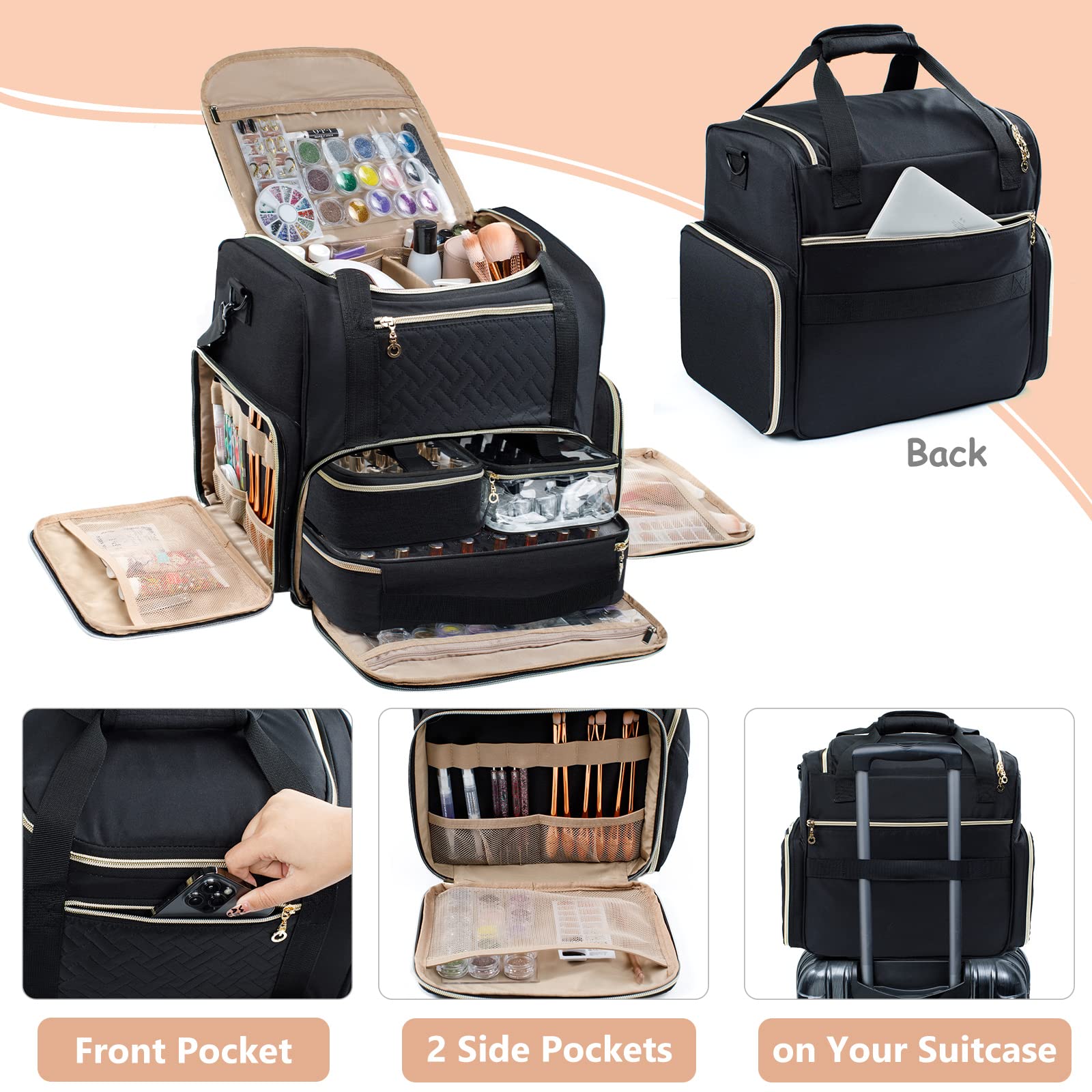 Large Nail Polish Organizer Holds 80 Bottles & Nail Lamp - Professional Nail Tech Storage Case with 3 Removable Nail Cases & Tool Pockets - Perfect for Salon, Home Manicure & Travel Nail Care