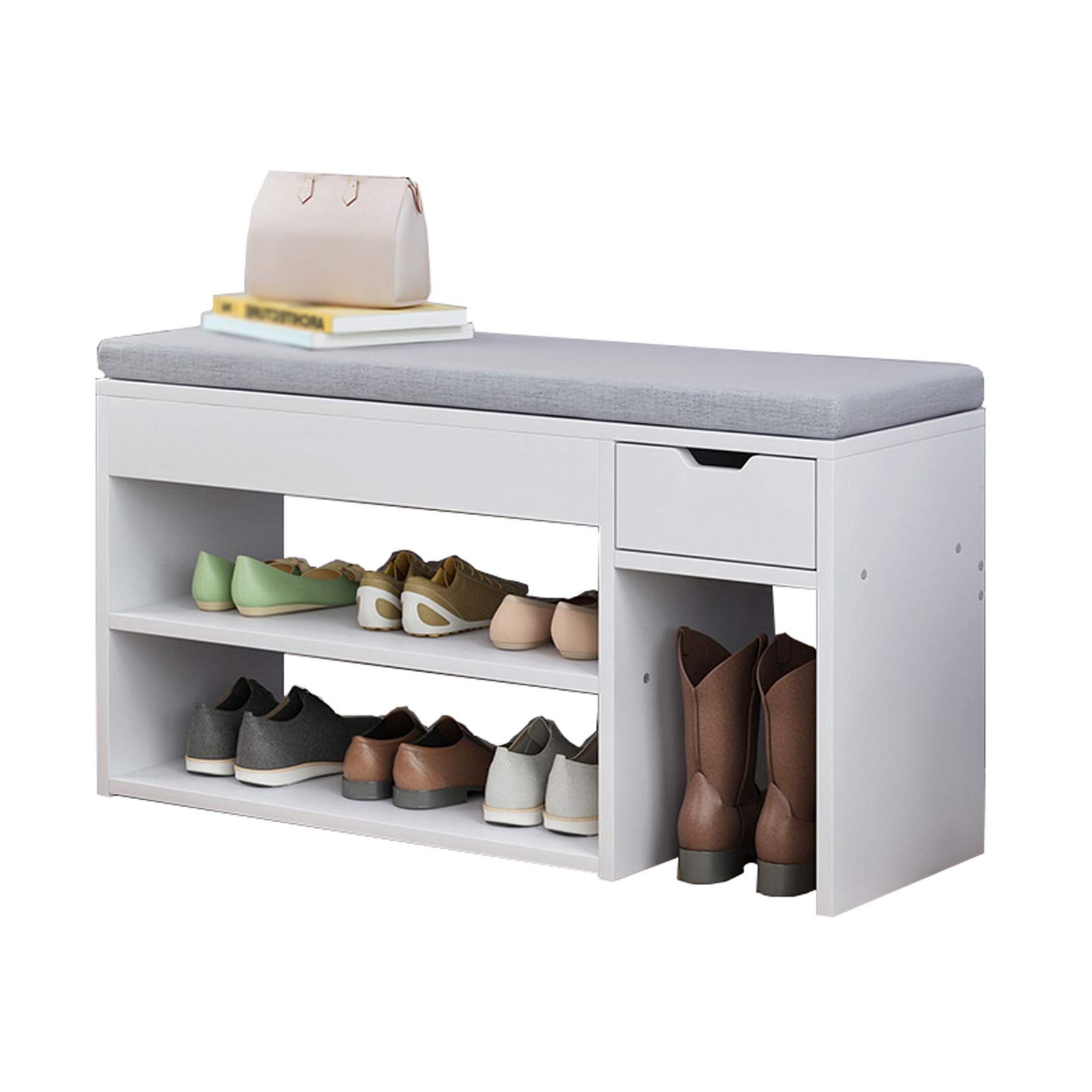 MUMUJIN Shoe Bench with Cushion & Hidden Storage Drawer - 80X24X45CM Narrow Entryway Shoe Rack for Living Room, Hallway, Bedroom - White (Perfect for Small Spaces & Home Organization)