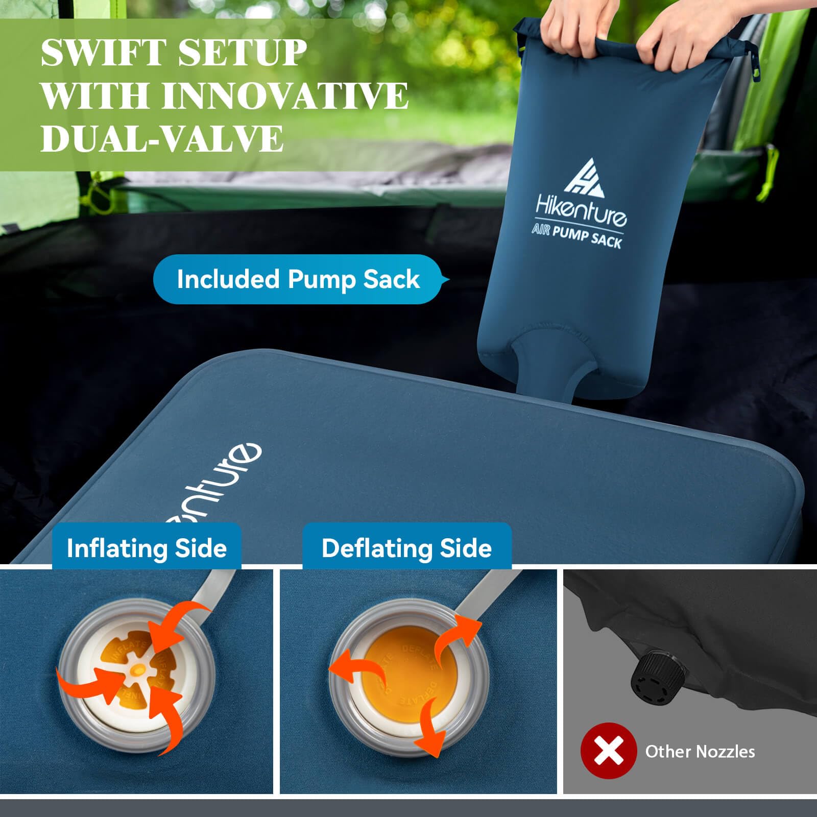 Hikenture 4 Inch Thick Self Inflating Sleeping Pad - 9.5 R Value Insulated Camping Mattress with Pump Sack, Lightweight Portable Foam Inflatable Camping Mat for Backpacking, Hiking & 4-Season Outdoor Adventures