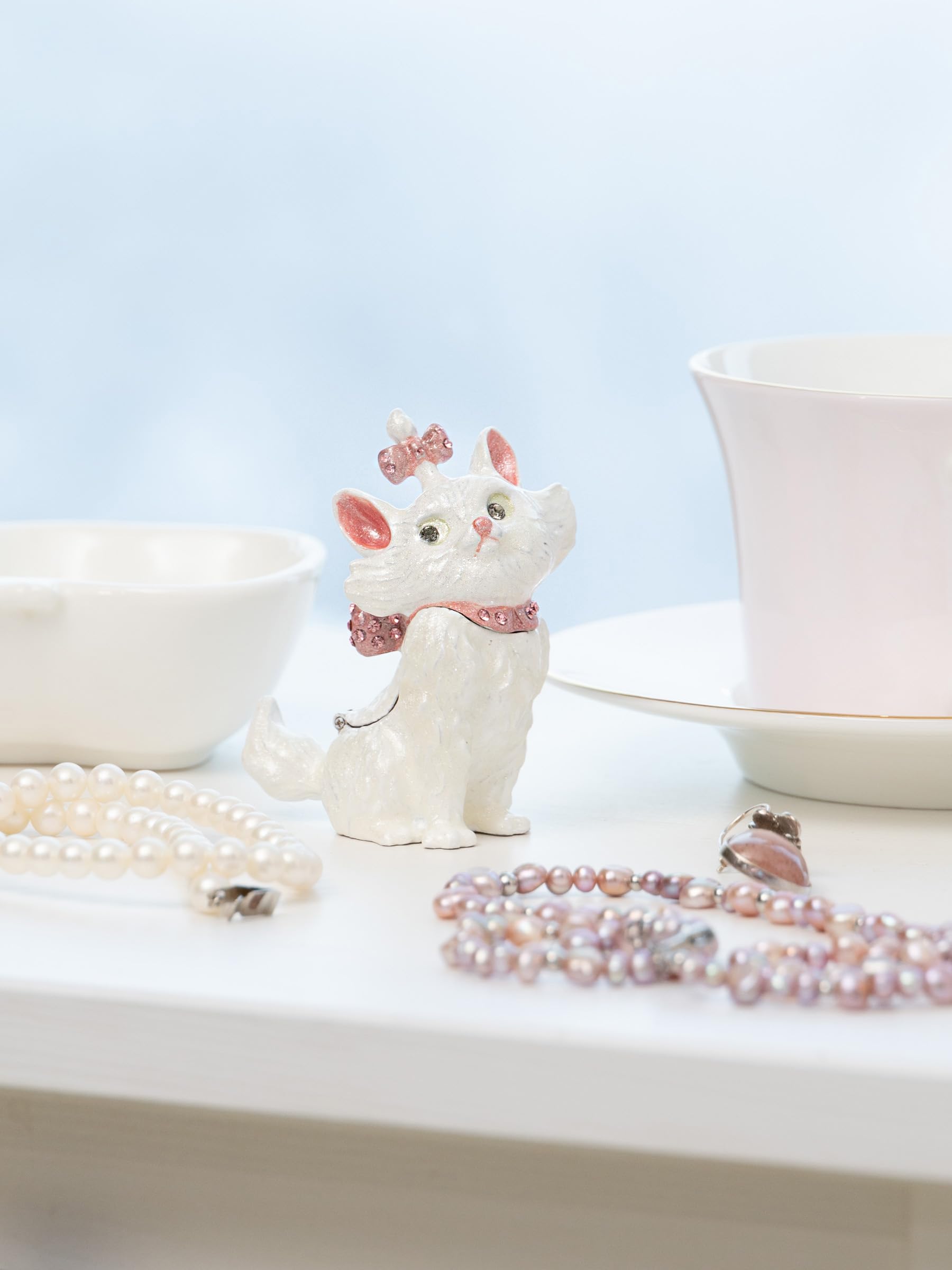 White & Pink Enamel Painted Faberge Style Cat Jewelry Trinket Box - Perfect for Home Decor, Gift Giving & Jewelry Storage