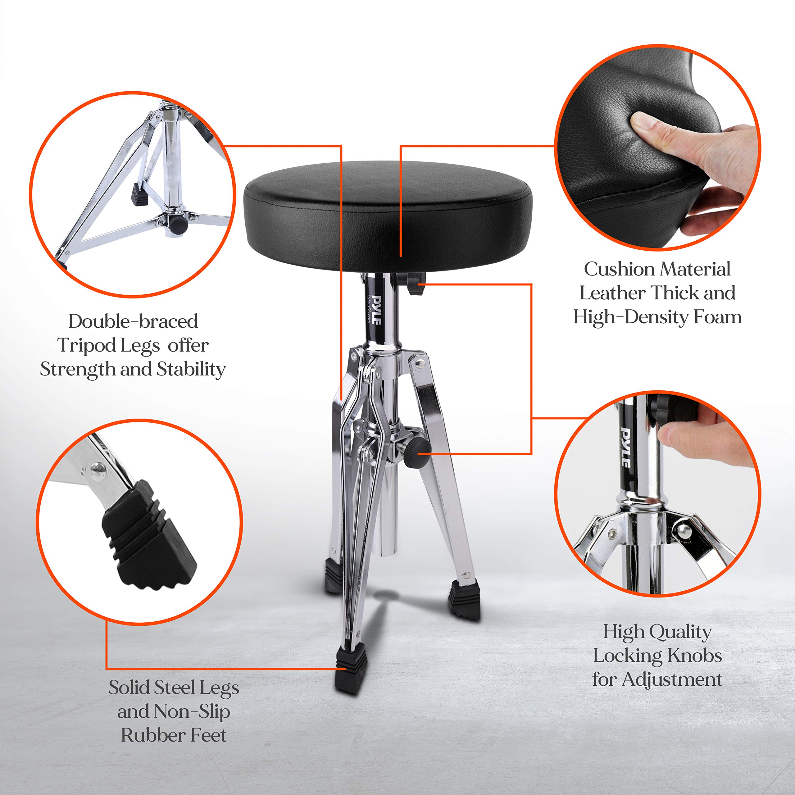 Pyle Adjustable Drum Throne Stool - Heavy Duty Double-Braced Tripod Base, Thick Foam Cushioned Seat, Non-Slip Rubber Feet, Foldable Steel Frame - Perfect for Drummers, Guitarists & Keyboard Players in Studio, Live Performances & Home Practice (21.25