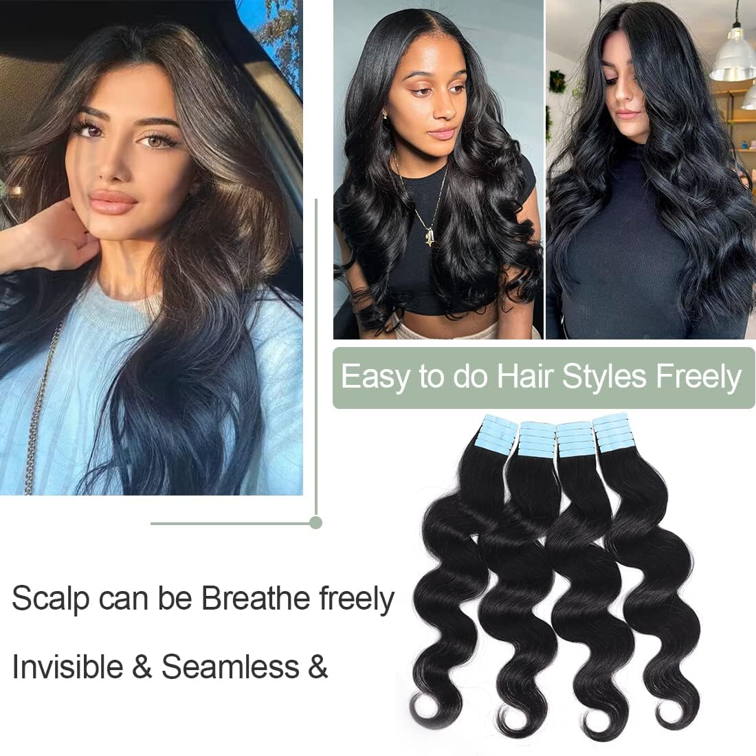 Urbeauty 40pcs 100g/pack Black Women Tape in Hair Extensions - 22 Inch Body Wave 100% Human Hair Weft, Invisible Seamless Skin Weft for Natural Look | Perfect for Daily Styling, Parties & Special Occasions
