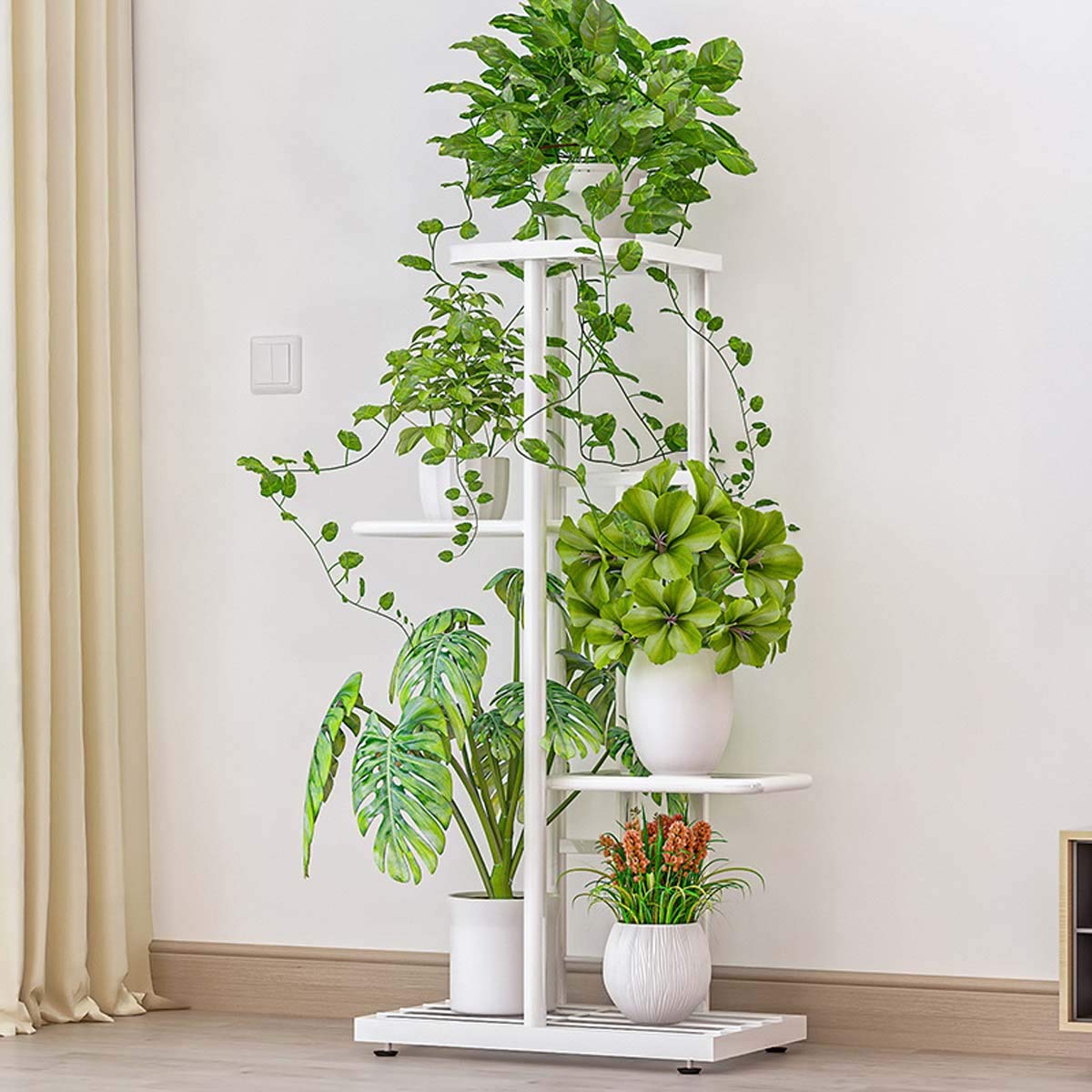 Metal Plant Stand for Indoor & Outdoor Use - 4-Tier Flower Pot Holder for Herbs, Succulents & Garden Plants - Patio, Balcony & Home Decor Shelves - White