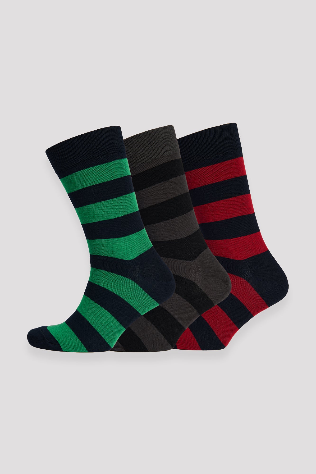 Comfortable Everyday Cotton Socks 3-Pack - Wide Stripe Design in Green, Grey & Red | Soft Breathable Casual Socks for Men & Women | Perfect for Work, Gym & Daily Wear