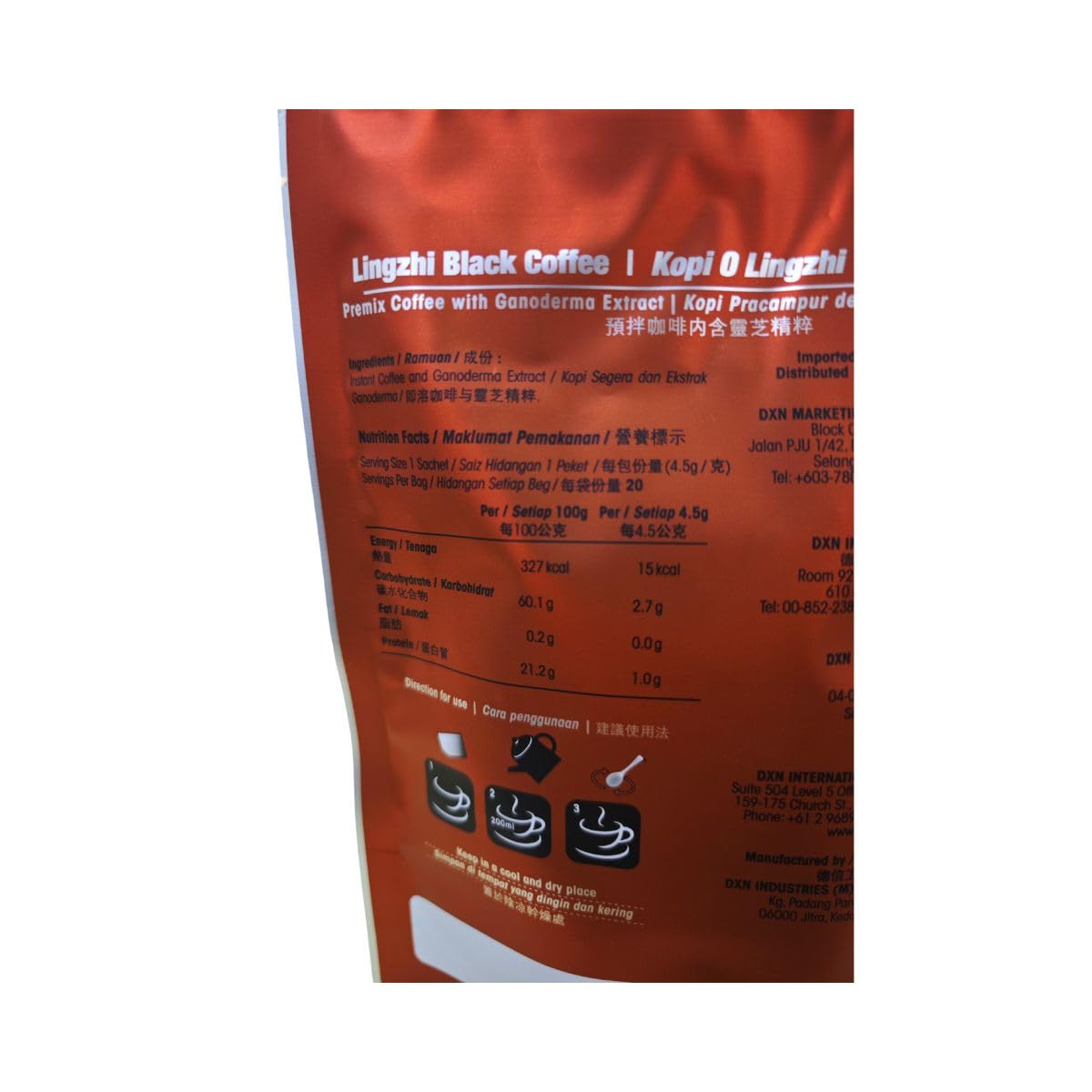 DXN Lingzhi Black Coffee 3-in-1 Instant Coffee Mix - Reishi Mushroom Energy Boost for Workouts, Office & Morning Routine