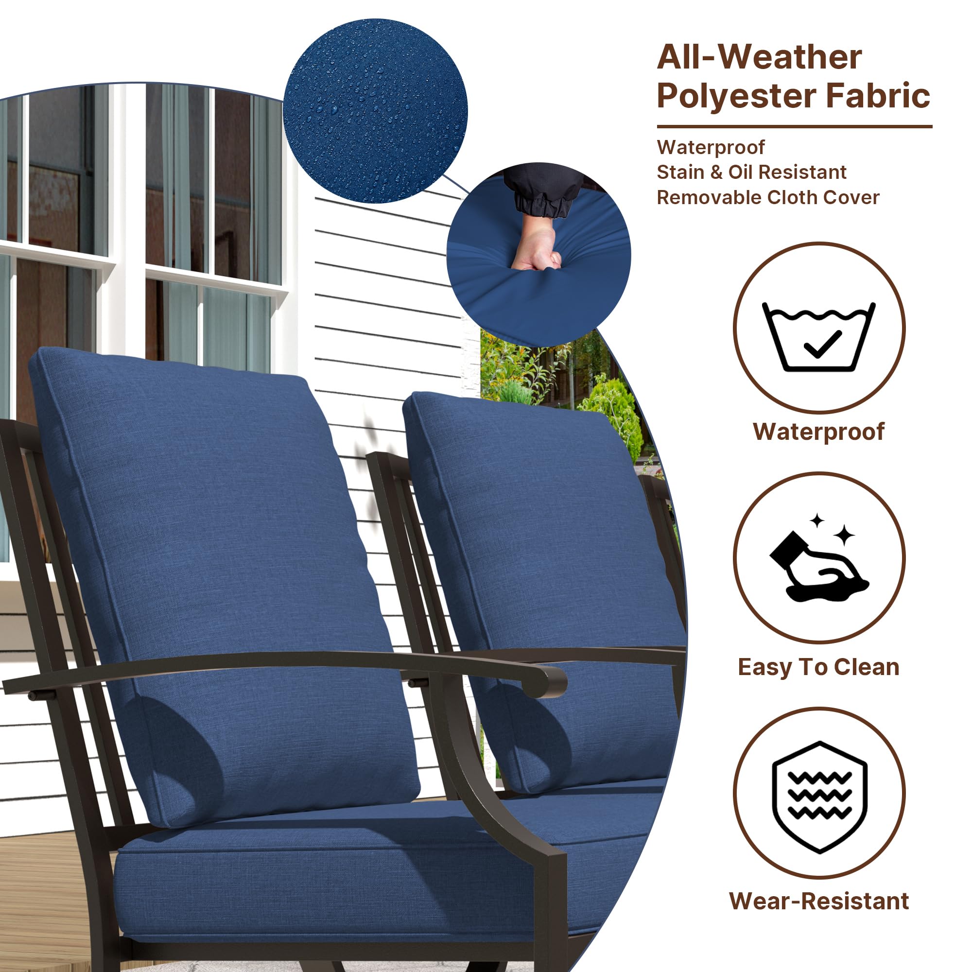Gotland 7-Piece Outdoor Dining Set for 6 - Rectangular Patio Table with Umbrella Hole & Navy Chairs - Modern Metal Garden Furniture for Backyard, Lawn, Poolside & BBQ Entertaining