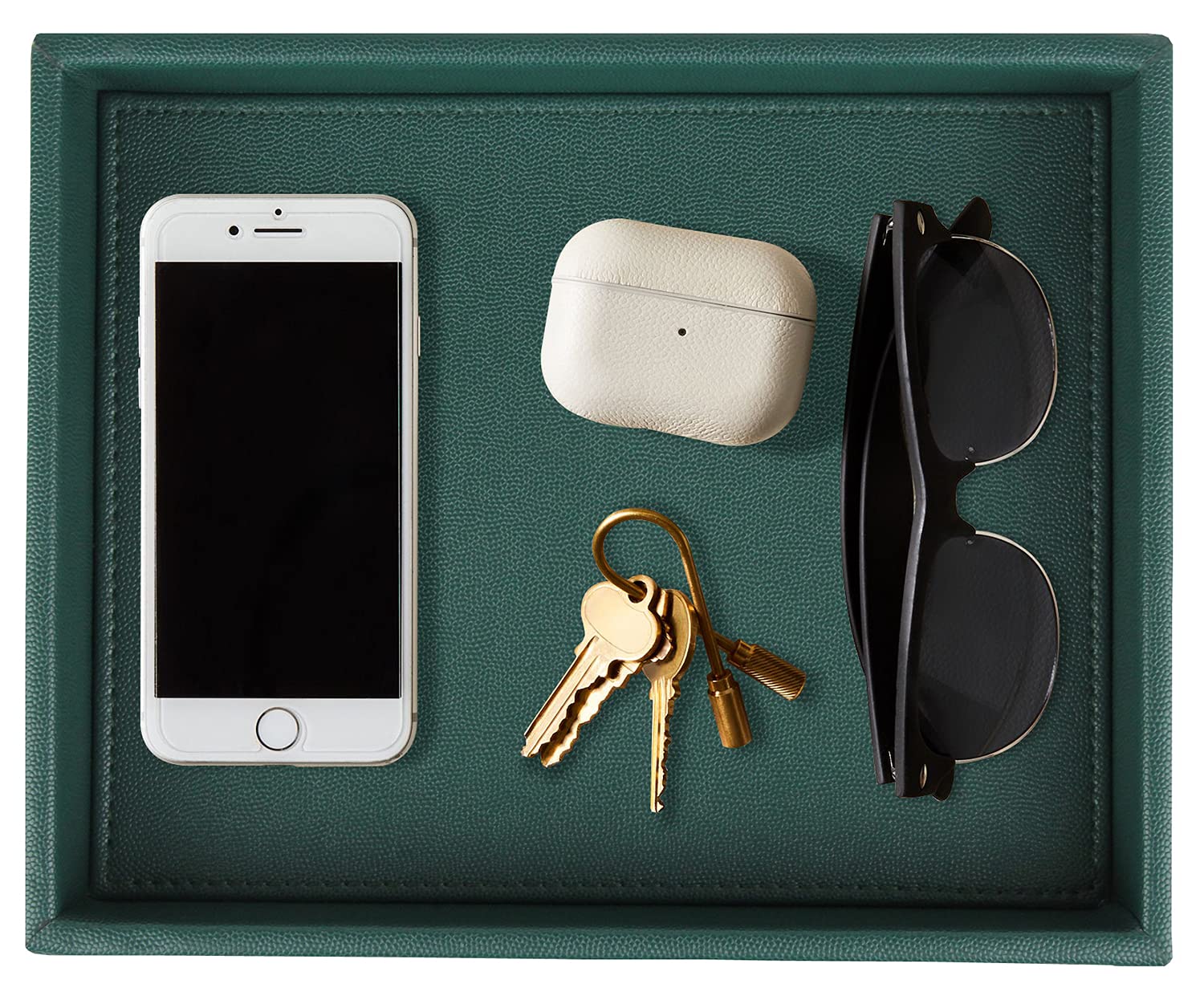 HofferRuffer Faux Leather Decorative Tray - Elegant Desktop Storage Organizer & Vanity Catchall Tray for Perfume, Jewelry, Keys | 10.2 x 8.4 x 1.8 Inches Dark Green | Perfect for Nightstand, Dresser, Office Desk & Bathroom Counter Organization