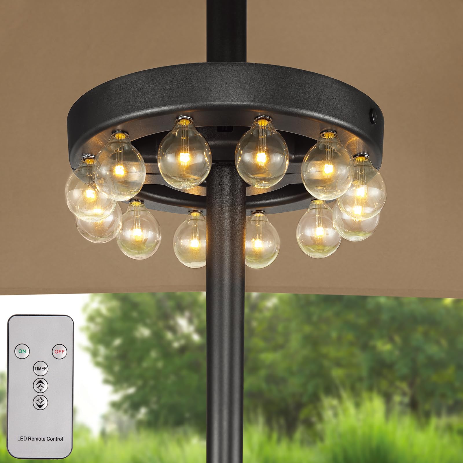 Outdoor LED Umbrella Lights - Battery Operated with Timer, 12 Warm White G40 LED Bulbs, Adjustable Brightness for Patio, Backyard, Camping & Tent - Perfect for Outdoor Dining, BBQ Parties and Nighttime Ambiance