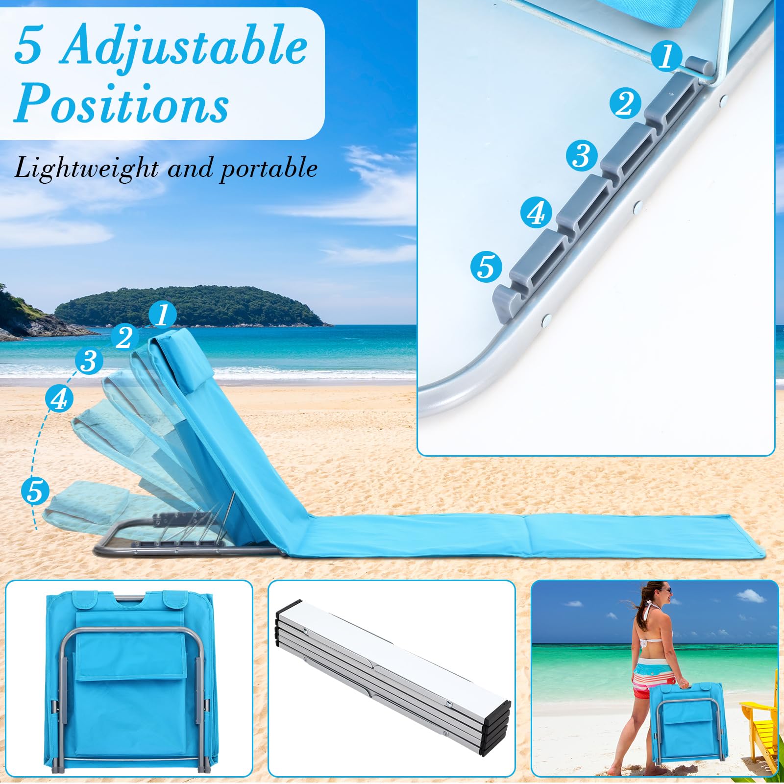 4 Pack Portable Beach Lounge Chairs with 2 Folding Side Tables - Adjustable 5-Position Tanning Chaise - Lightweight Outdoor Camping Chairs for Sunbathing, Backyard, Poolside & Beach (Lake Blue) - Perfect for Vacation, Picnics and Summer Relaxation