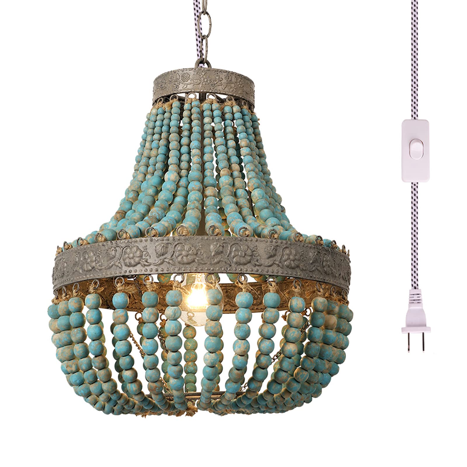 Bohemian Blue Wood Bead Chandelier Pendant Light - Handcrafted Wooden Bead Ceiling Lamp with Plug-in Cord for Bedroom, Island, Dining Room - Perfect for Coastal, Beach House & Boho Home Decor
