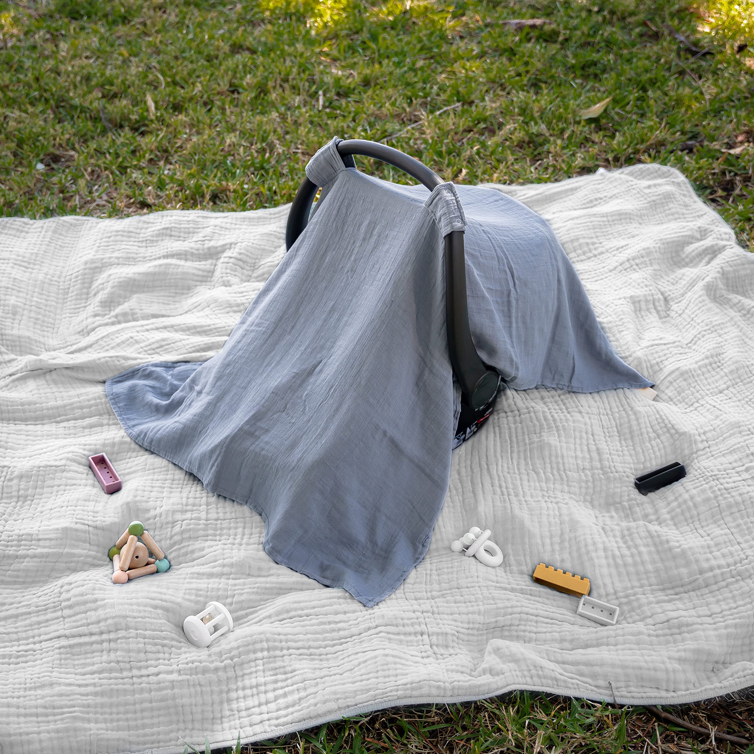 Comfy Cubs Baby Car Seat Cover - Soft & Breathable Bamboo Rayon Muslin Cotton Blend - Lightweight Sun & Bug Protection Canopy - Large Infant Car Seat Cover in Pacific Blue - Perfect for Strollers, Shopping, Travel & Outdoor Adventures