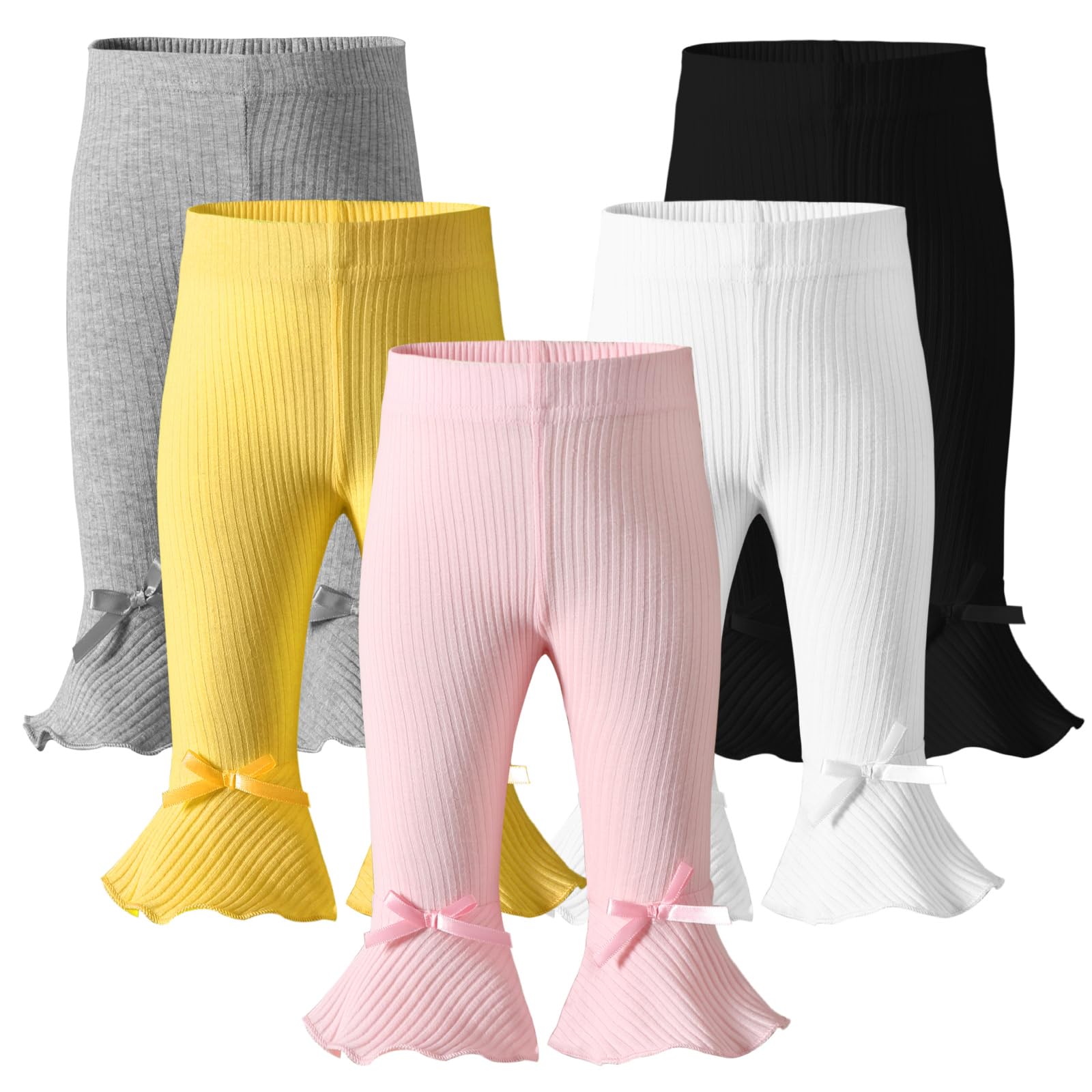 Newborn Baby Girl Pants Leggings - Ribbed Straight Flare Bell Bottoms (5-Pack) | Soft & Stretchy Infant Toddler Leggings for Playtime, Outfits & Photo Shoots