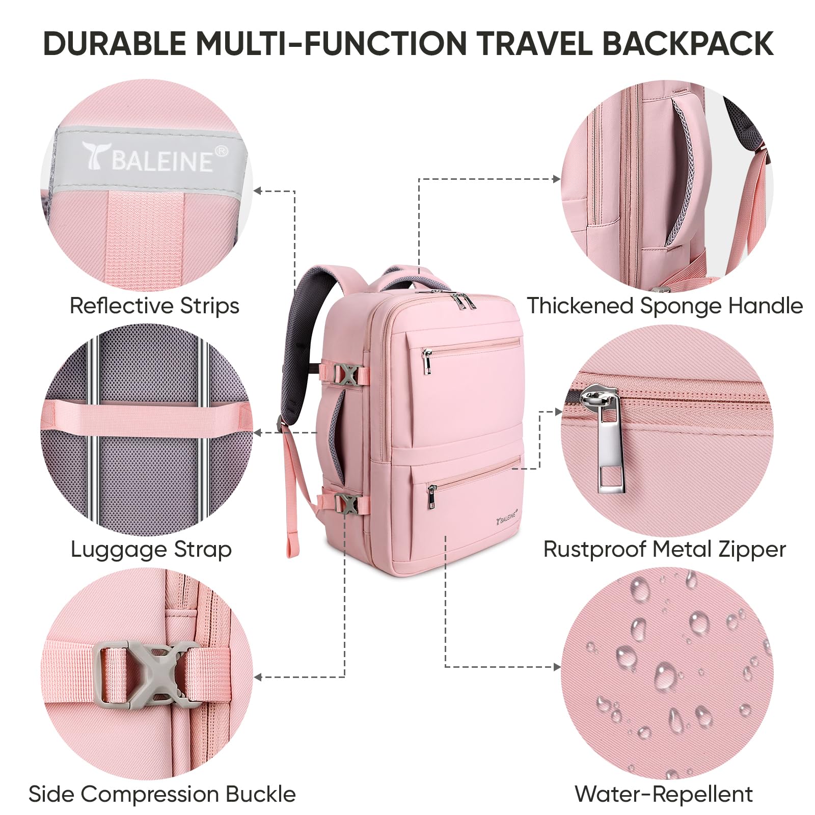 BALEINE Travel Backpack for Women & Men - Waterproof Large Carry On Laptop Backpack with USB Charging Port - Perfect for Business Travel, Weekend Getaways, Hiking & College (Large, Pink)