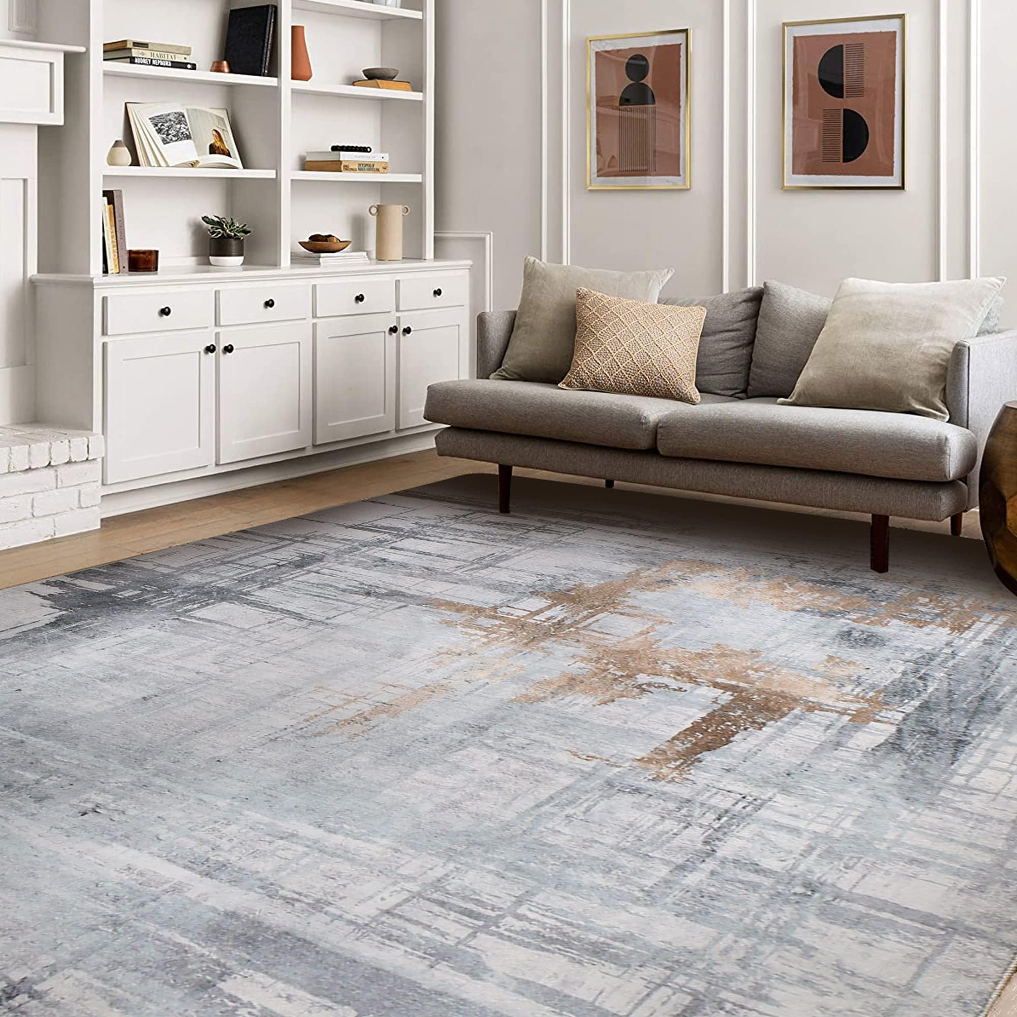 Calore Rugs Modern Soft Abstract Distressed Area Rug - 6.5 x 8.2 ft Medium Pile Carpet for Living Room, Bedroom & Dining Room - Gray/Green/Grey - Cozy Floor Mat for Home Decor & Comfort