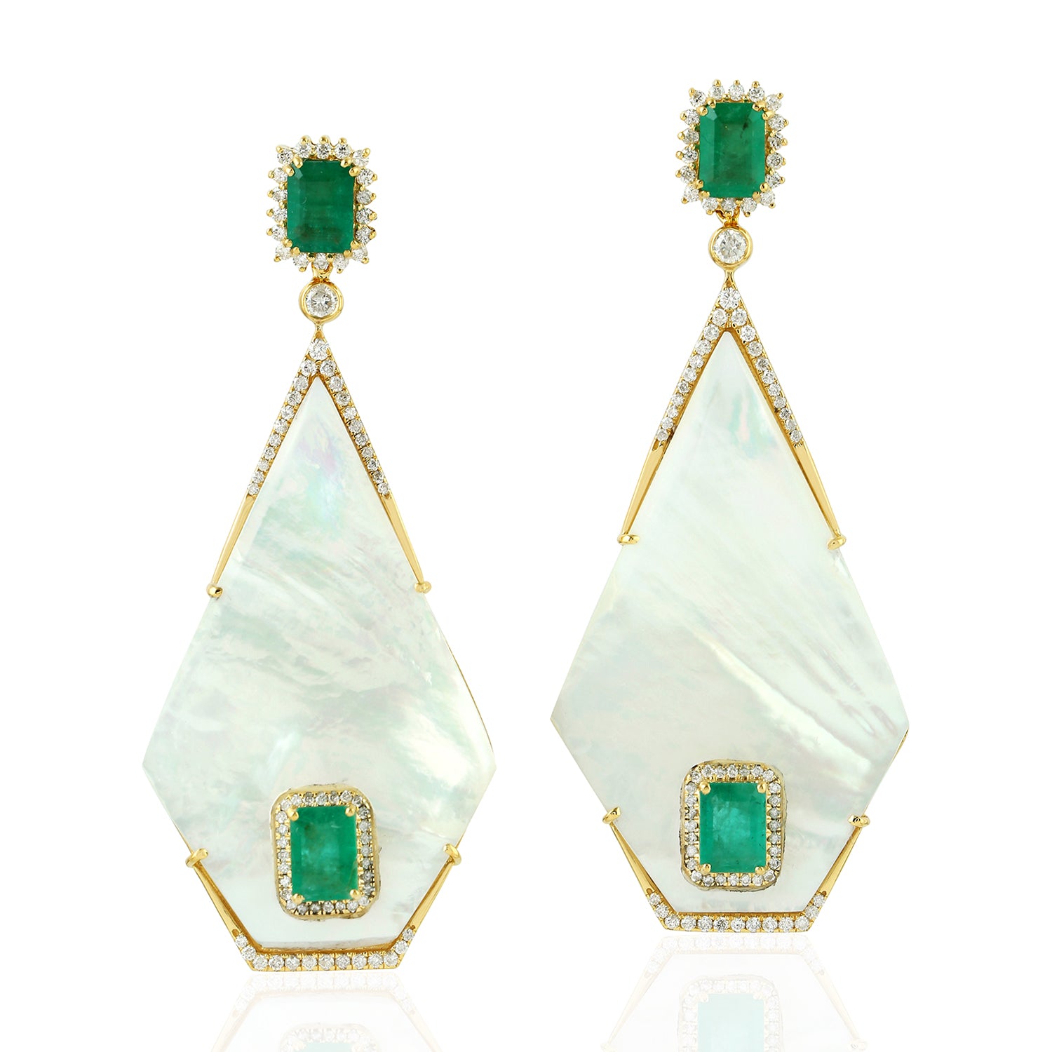 18K Yellow Gold Emerald and Diamond Geometric Dangle Earrings - MOP Prong Pave Design for Women, Perfect for Parties, Weddings & Special Occasions