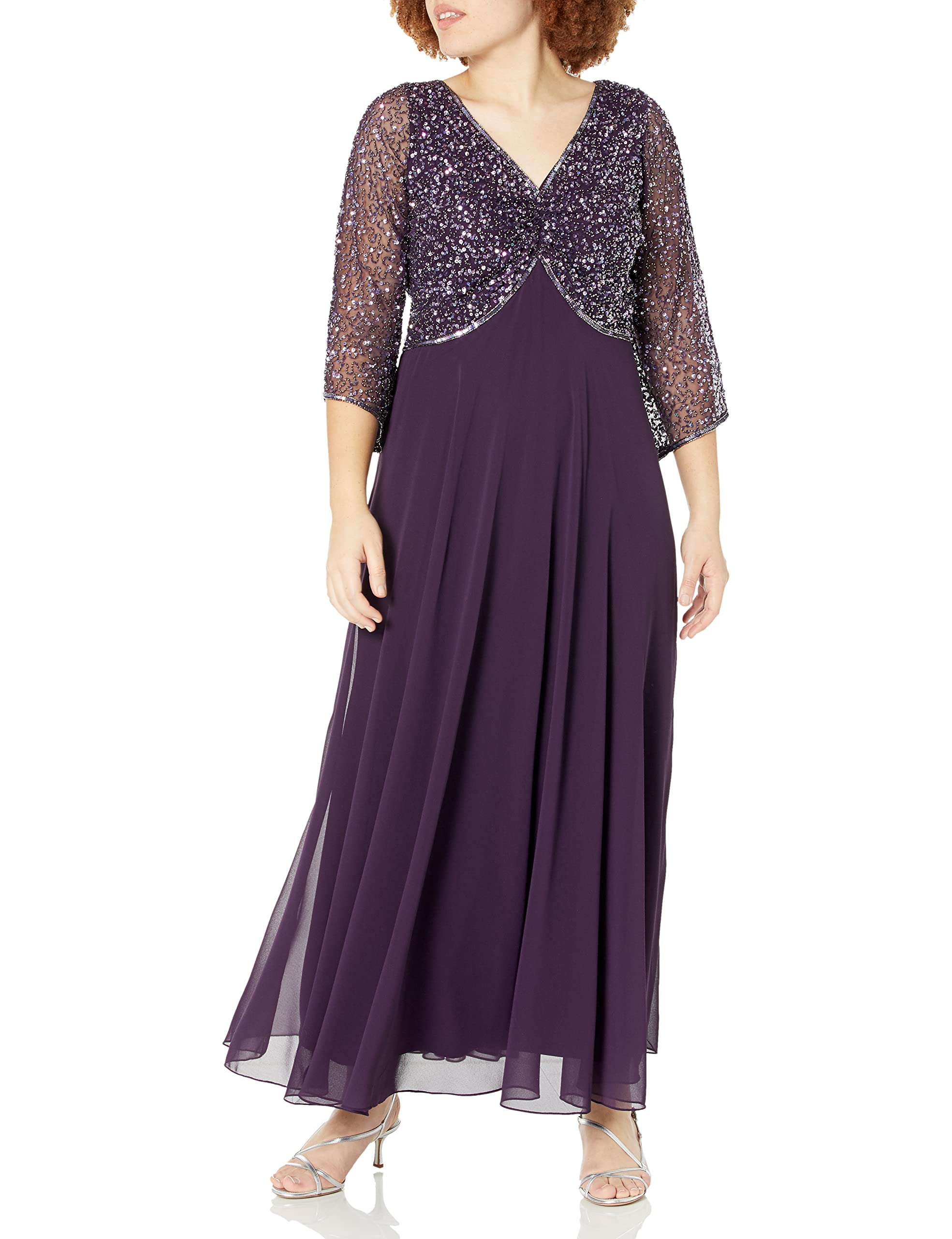 J Kara Women's Plus Size 3/4 Sleeve V-Neck Embellished Blouse Dress - Elegant Party Wear for Evening Events, Weddings & Special Occasions
