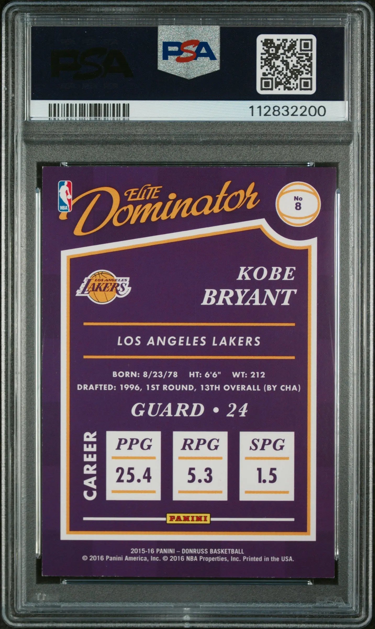 2015 Panini Donruss Elite Dominator Veterans Kobe Bryant PSA 9 /999 - Rare Basketball Trading Card for Collectors & Sports Memorabilia Fans - Perfect for Display, Investment & NBA Memorabilia Collections