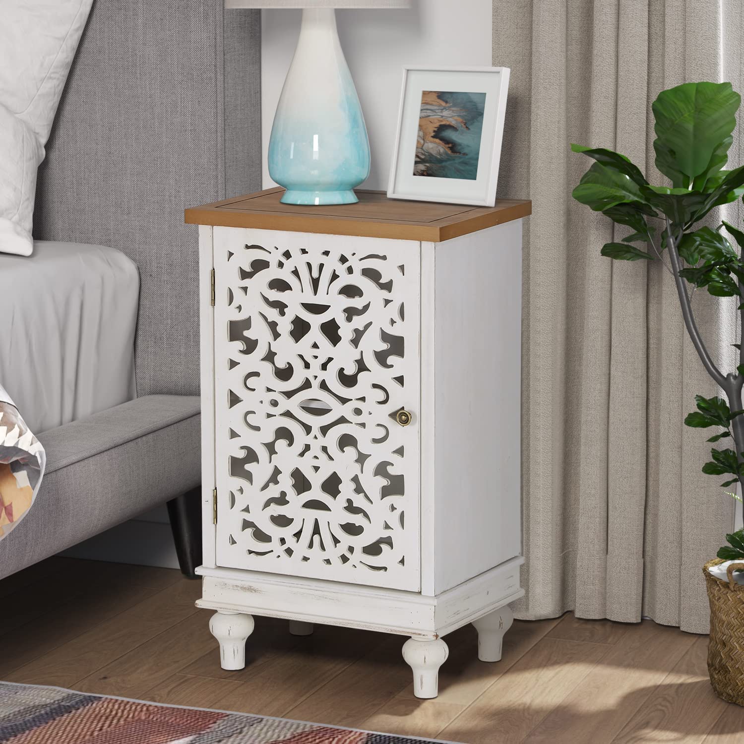 PHI VILLA Small Accent Storage Cabinet with Single Door - White Decorative Nightstand for Living Room & Bedroom, End Side Table with Storage | Perfect for Organizing Books, Blankets & Bedroom Essentials